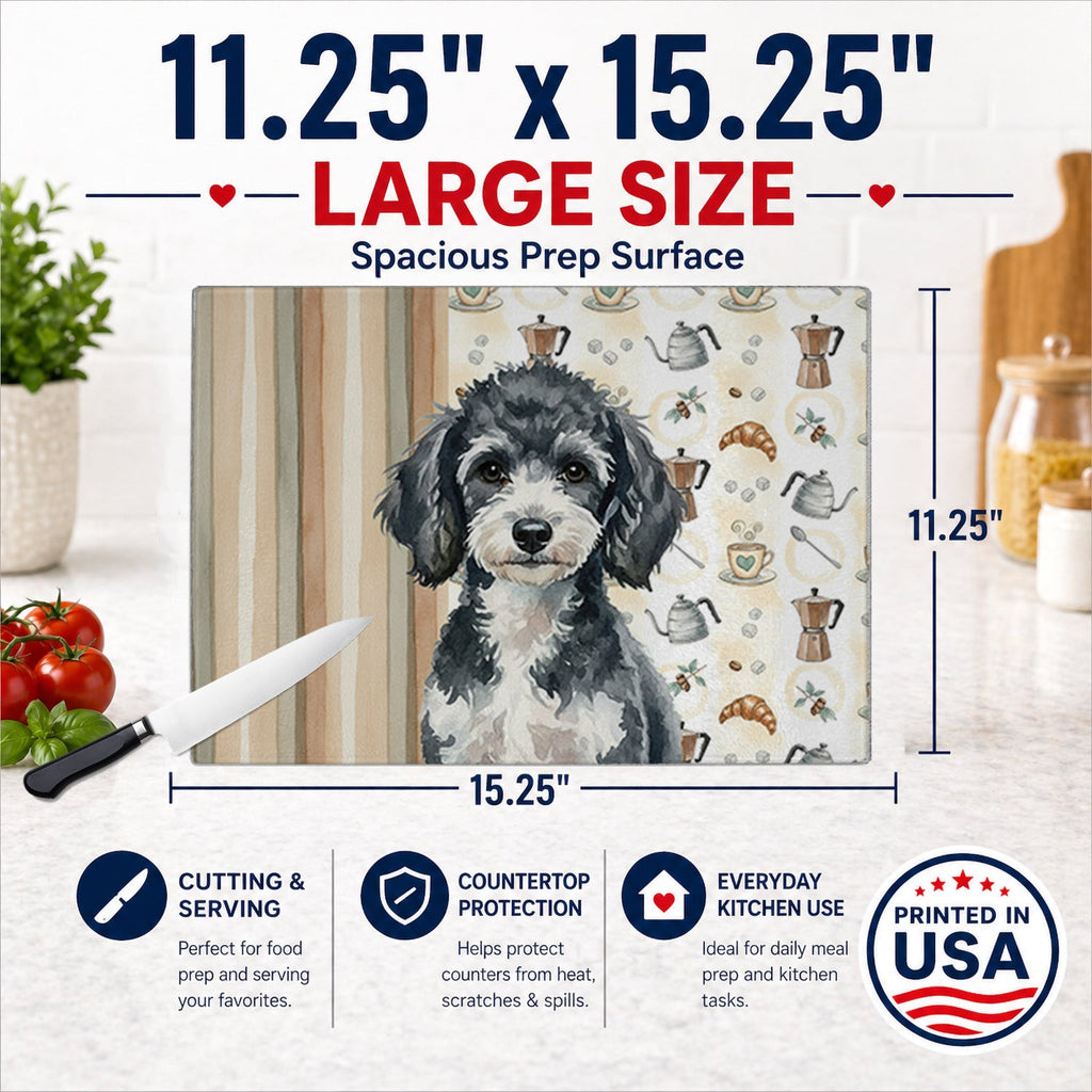 Miniature Parti Poodle Coffee Bar Cutting Board Tempered Glass Kitchen Cutting Surface, Heat Resistant Chopping, Non-Slip Feet, Food Prep & Serving