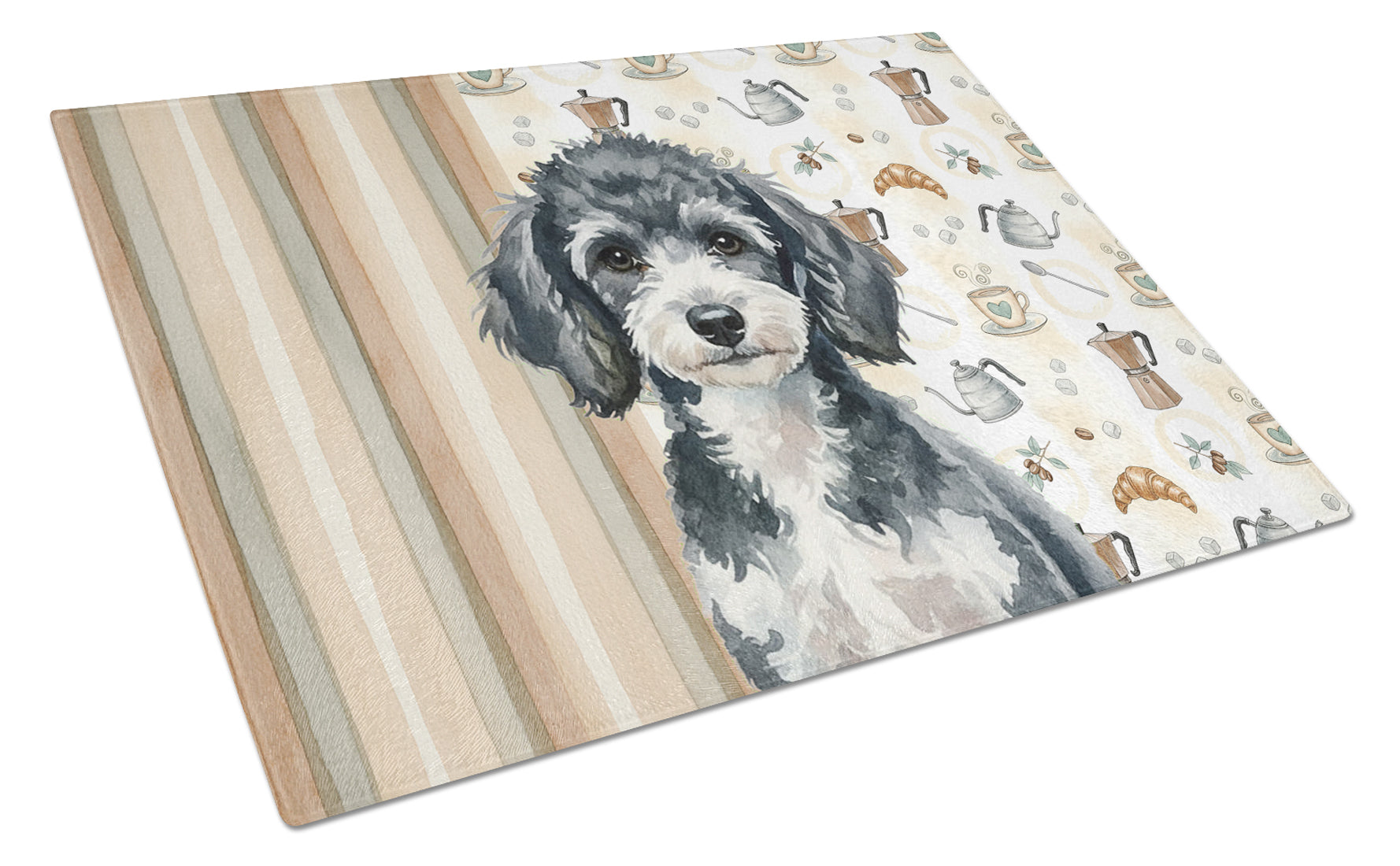 Miniature Parti Poodle Coffee Bar Cutting Board Tempered Glass Kitchen Cutting Surface, Heat Resistant Chopping, Non-Slip Feet, Food Prep & Serving