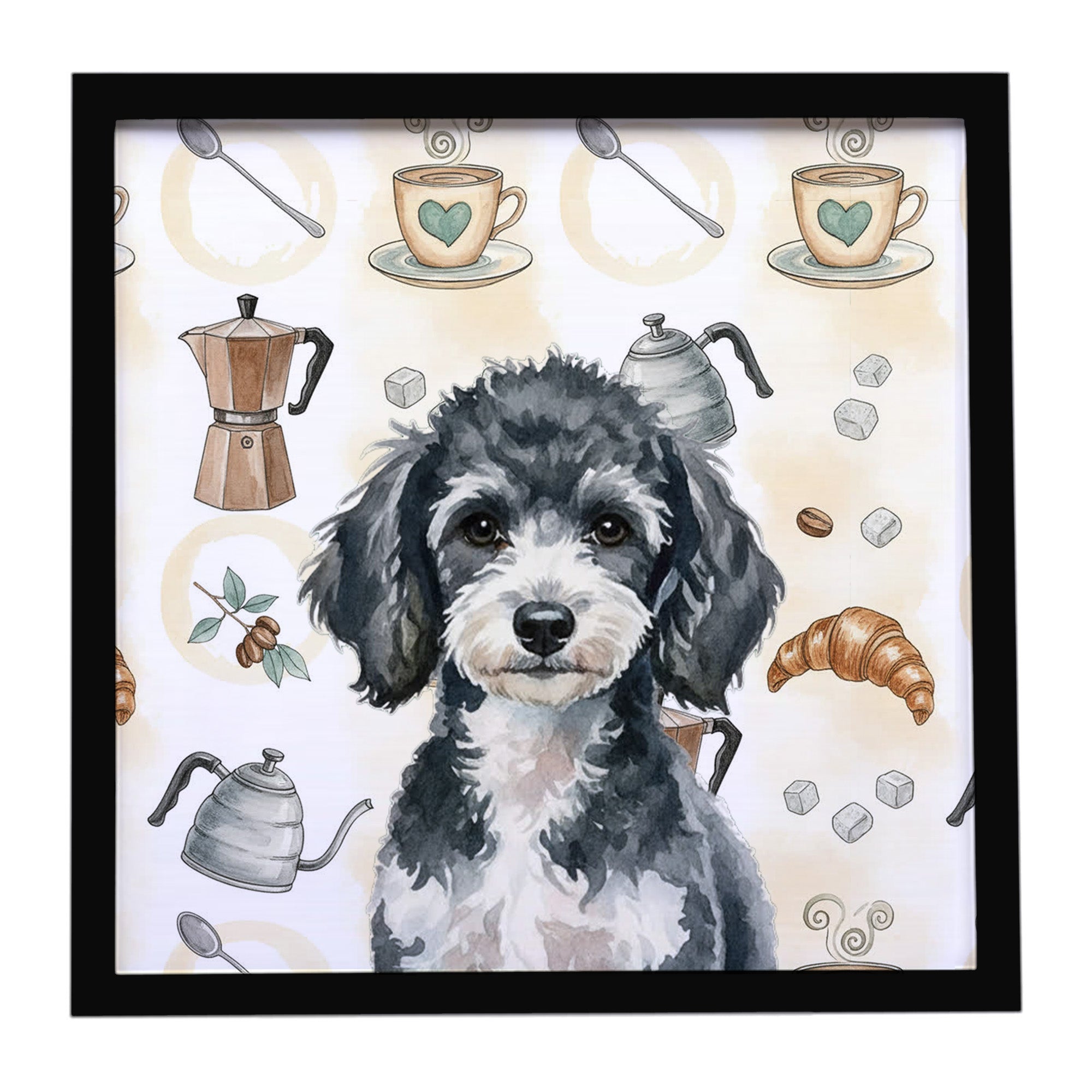 Miniature Parti Poodle Coffee Bar Framed Metal Print Bathroom, Kitchen, Office, Home Decor Wall Art Ready to Hang, Square, 8X8