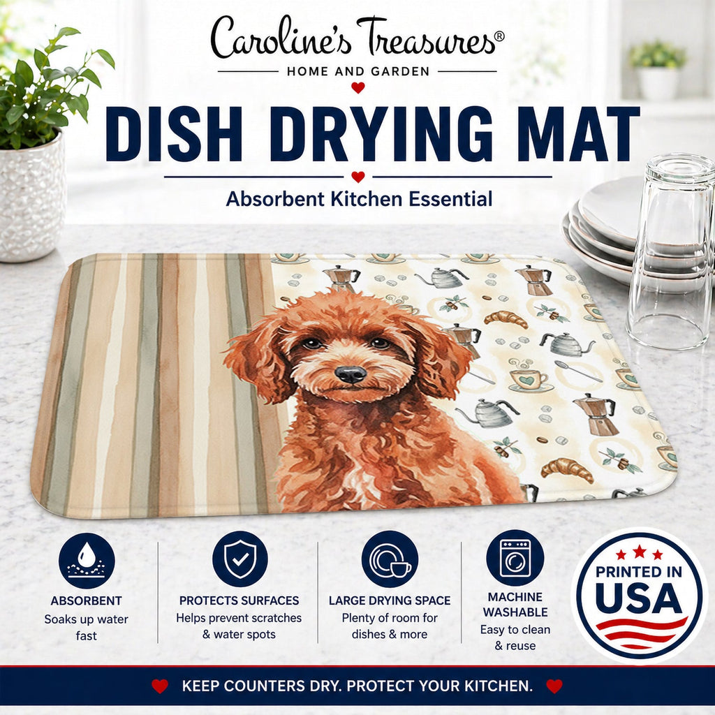 Miniature Red Poodle Coffee Bar Dish Drying Mat Absorbent Dish Drying Mat Pad for Kitchen Counter Dish Drainer Mat for Countertop, 14 x 21", Multicolor