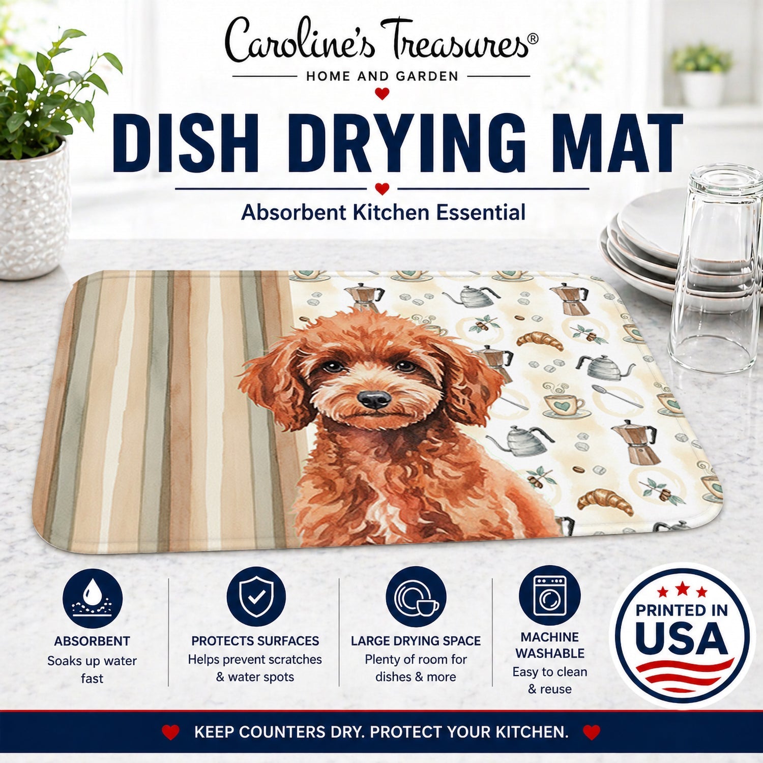 Miniature Red Poodle Coffee Bar Dish Drying Mat Absorbent Dish Drying Mat Pad for Kitchen Counter Dish Drainer Mat for Countertop, 14 x 21", Multicolor