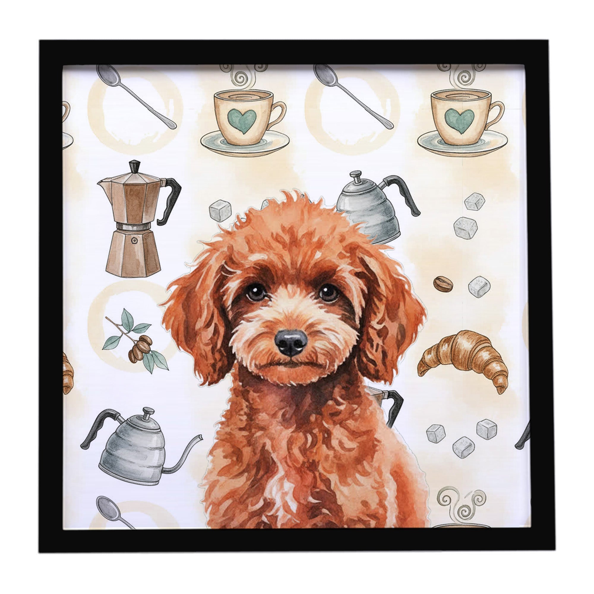 Miniature Red Poodle Coffee Bar Framed Metal Print Bathroom, Kitchen, Office, Home Decor Wall Art Ready to Hang, Square, 8X8
