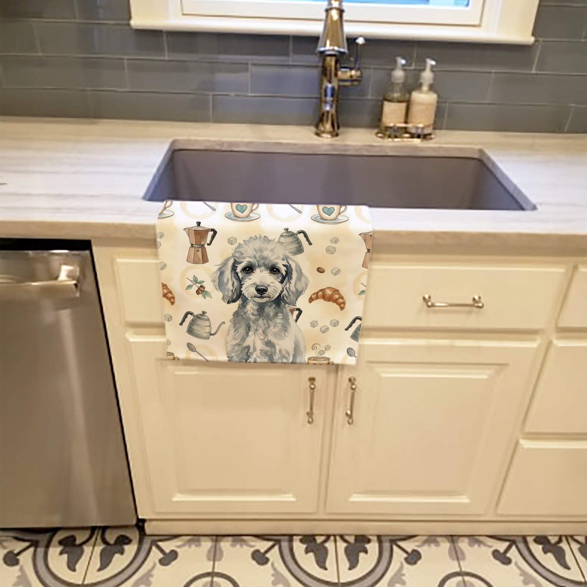 Miniature Silver Poodle Coffee Bar Kitchen Towel Velour Plush Front and Cotton Loop Back Machine Washable