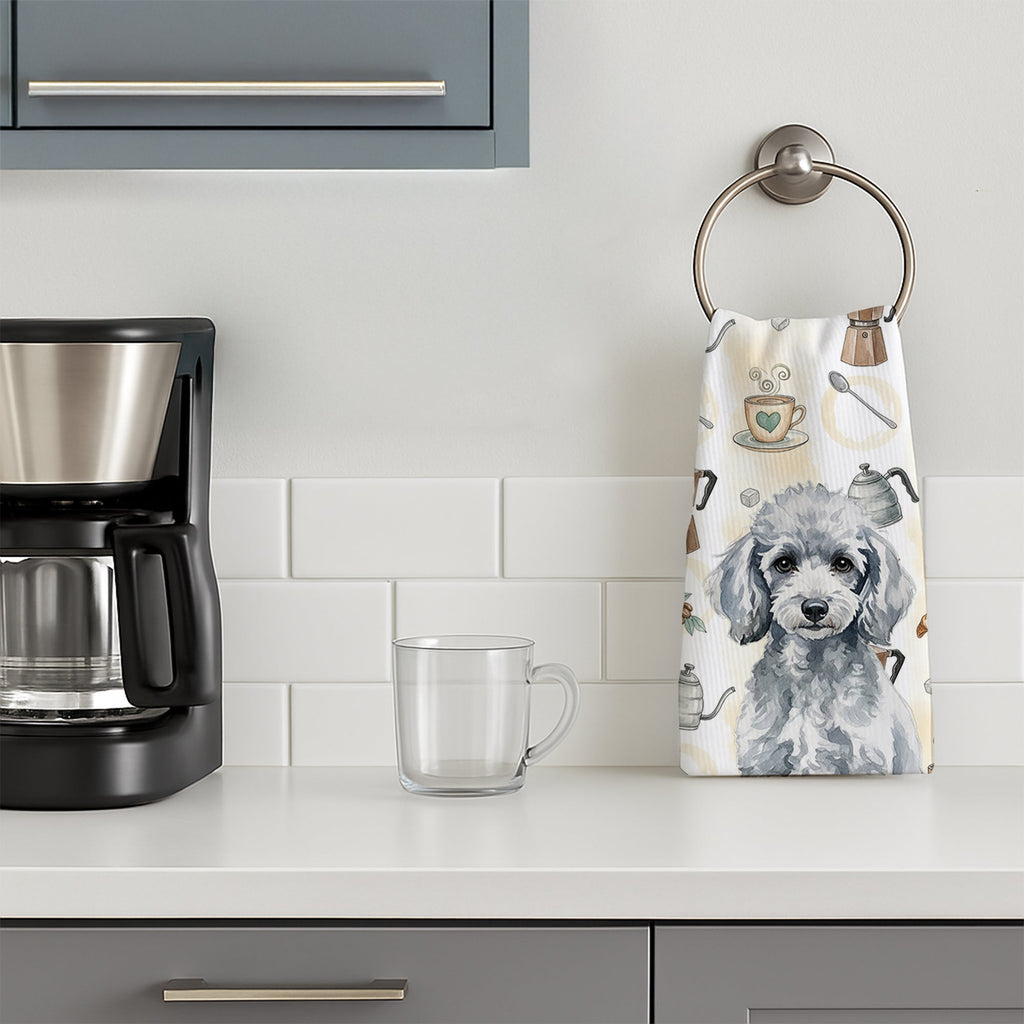 Miniature Silver Poodle Coffee Bar Kitchen Towel Velour Plush Front and Cotton Loop Back Machine Washable