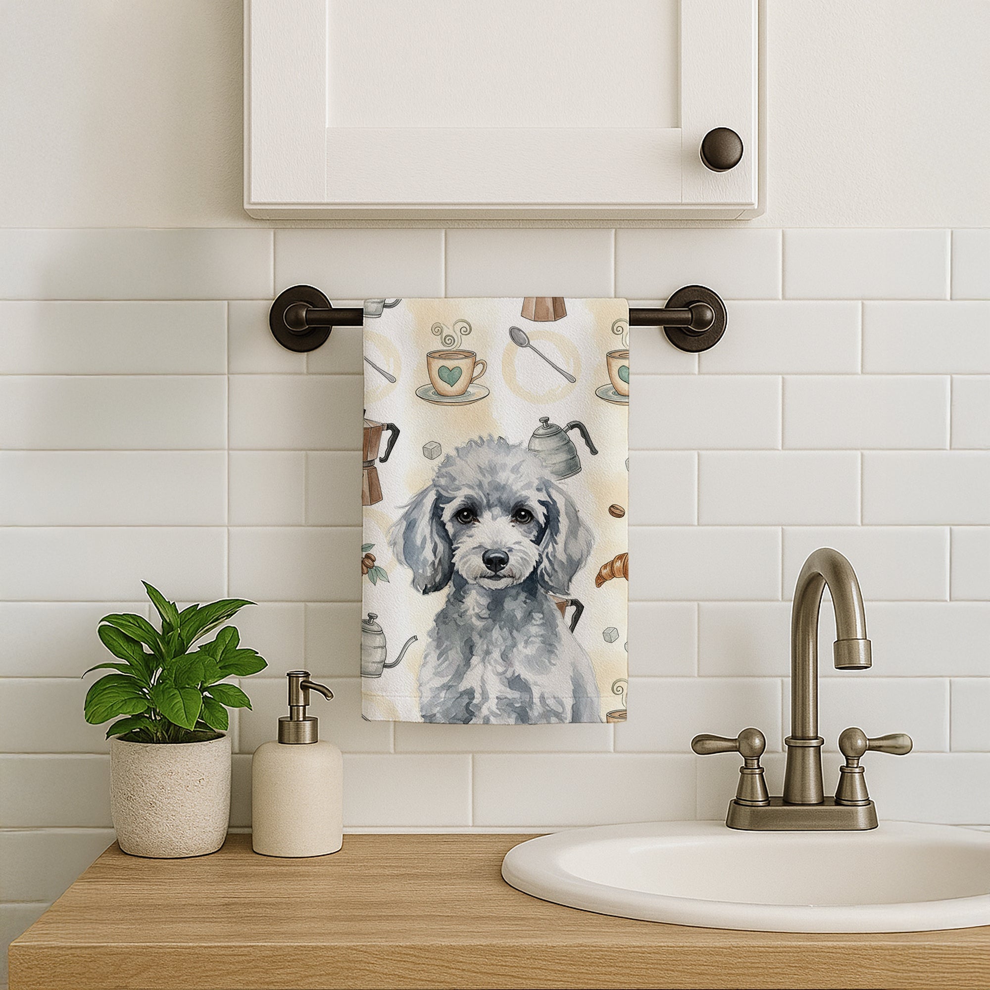 Miniature Silver Poodle Coffee Bar Kitchen Towel Velour Plush Front and Cotton Loop Back Machine Washable