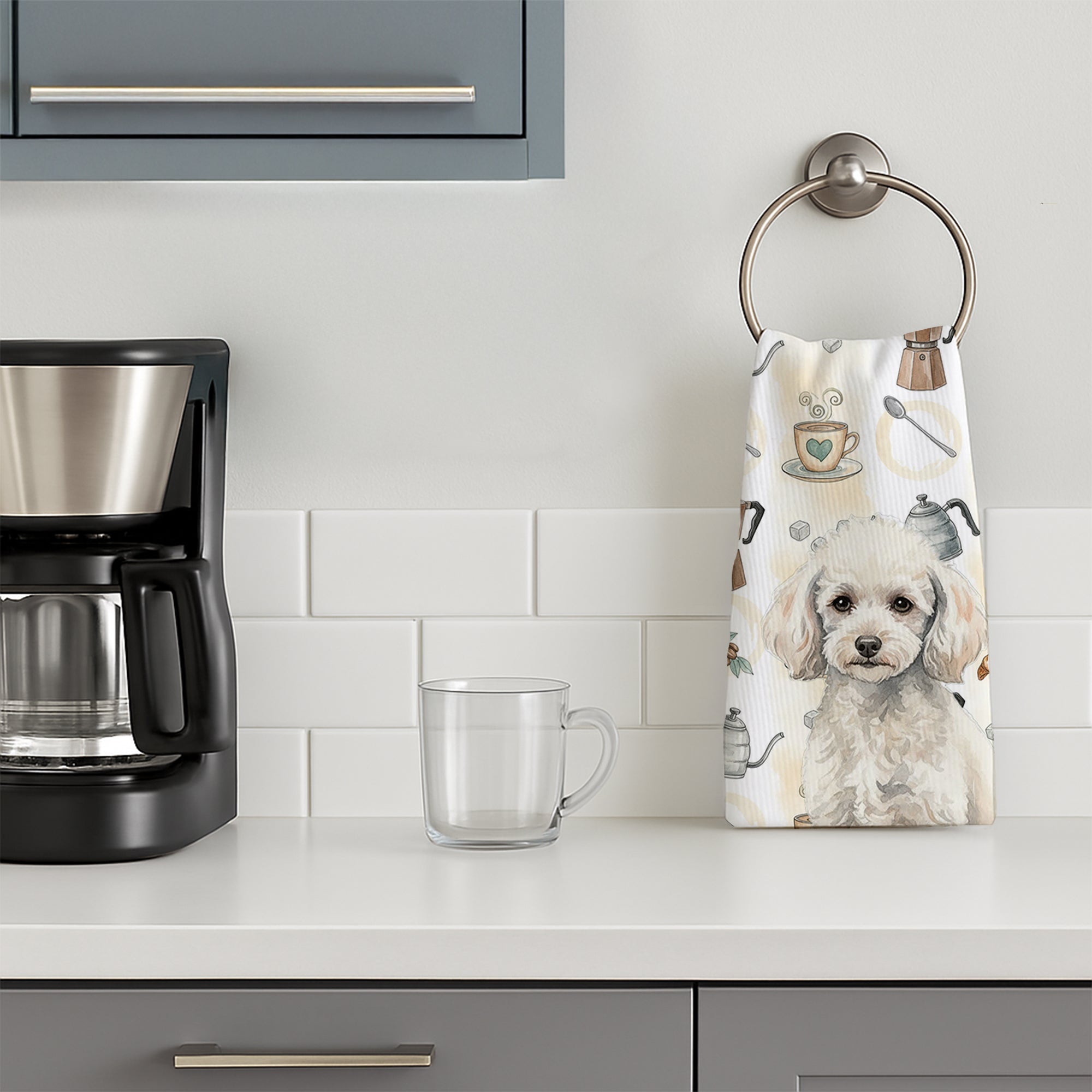 Miniature White Poodle Coffee Bar Kitchen Towel Velour Plush Front and Cotton Loop Back Machine Washable