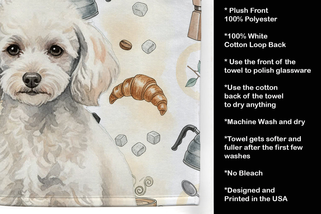 Miniature White Poodle Coffee Bar Kitchen Towel Velour Plush Front and Cotton Loop Back Machine Washable
