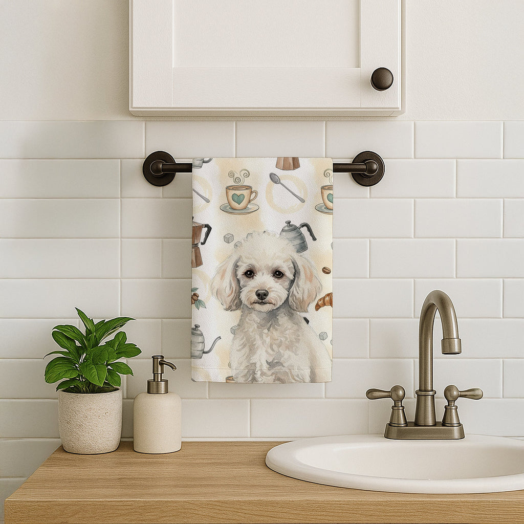 Miniature White Poodle Coffee Bar Kitchen Towel Velour Plush Front and Cotton Loop Back Machine Washable