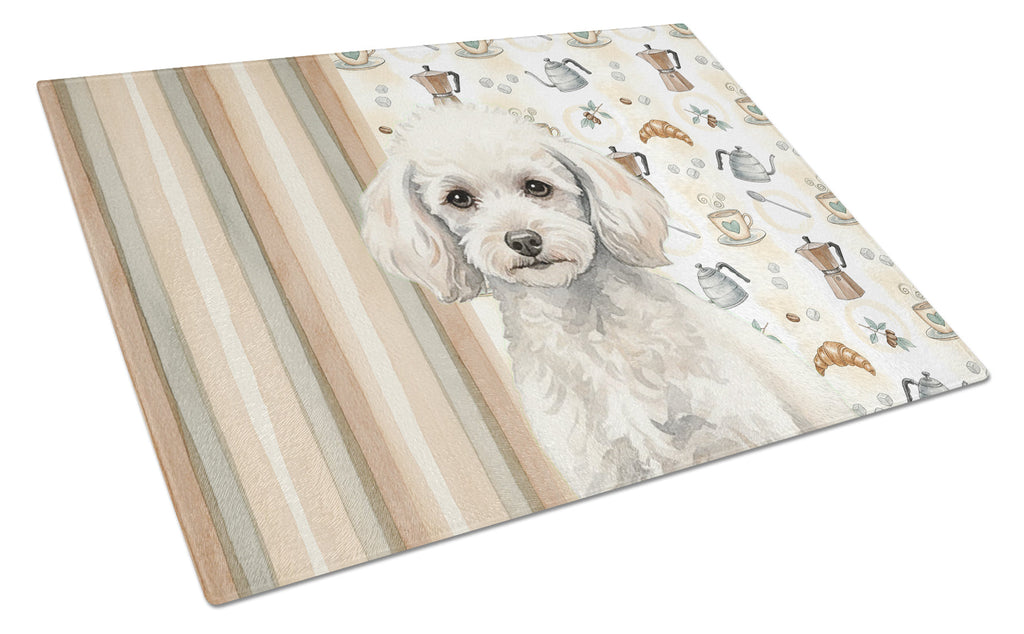 Miniature White Poodle Coffee Bar Cutting Board Tempered Glass Kitchen Cutting Surface, Heat Resistant Chopping, Non-Slip Feet, Food Prep & Serving