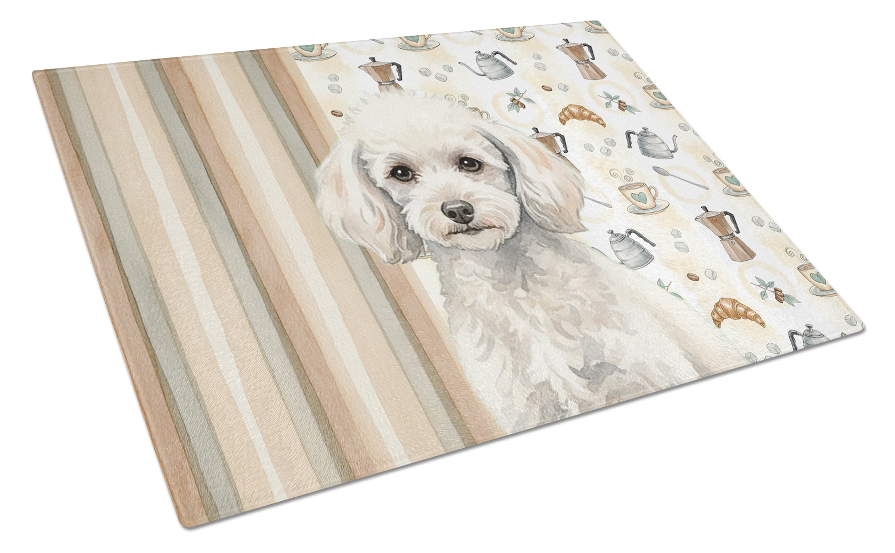 Miniature White Poodle Coffee Bar Cutting Board Tempered Glass Kitchen Cutting Surface, Heat Resistant Chopping, Non-Slip Feet, Food Prep & Serving