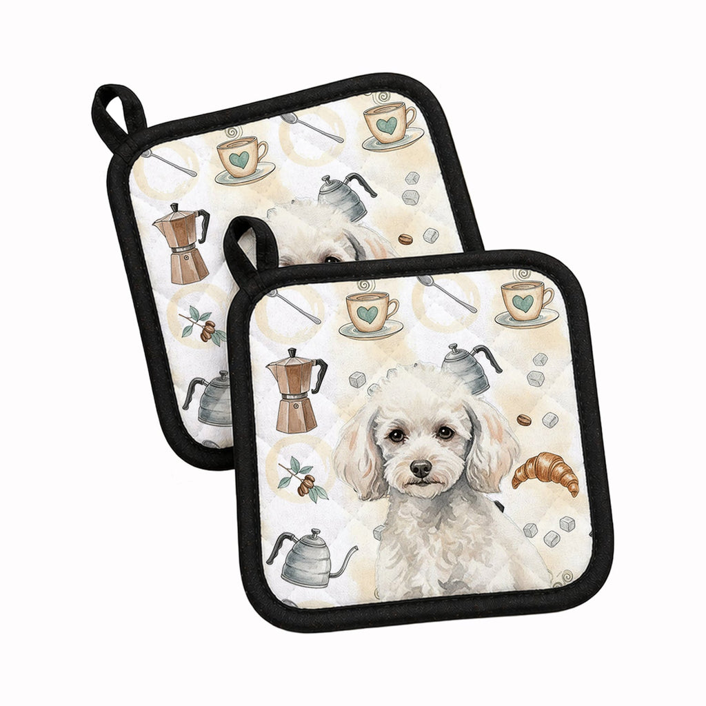 Miniature White Poodle Coffee Bar Pot Holder Set of 2 Heat Resistant Quilted Hot Pads 7.5 x 7.5 Inch, Insulated Kitchen Trivets for Cooking & Baking