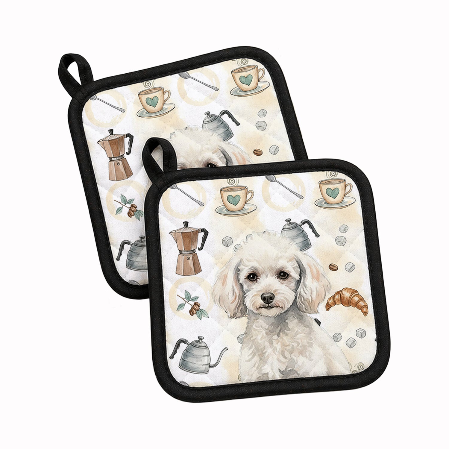 Miniature White Poodle Coffee Bar Pot Holder Set of 2 Heat Resistant Quilted Hot Pads 7.5 x 7.5 Inch, Insulated Kitchen Trivets for Cooking & Baking
