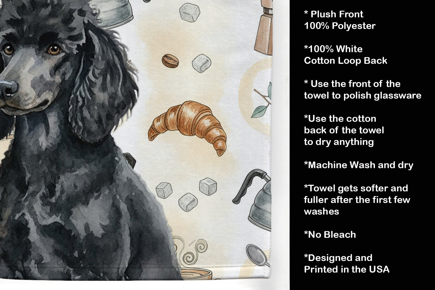 Standard Black Poodle Coffee Bar Kitchen Towel Velour Plush Front and Cotton Loop Back Machine Washable