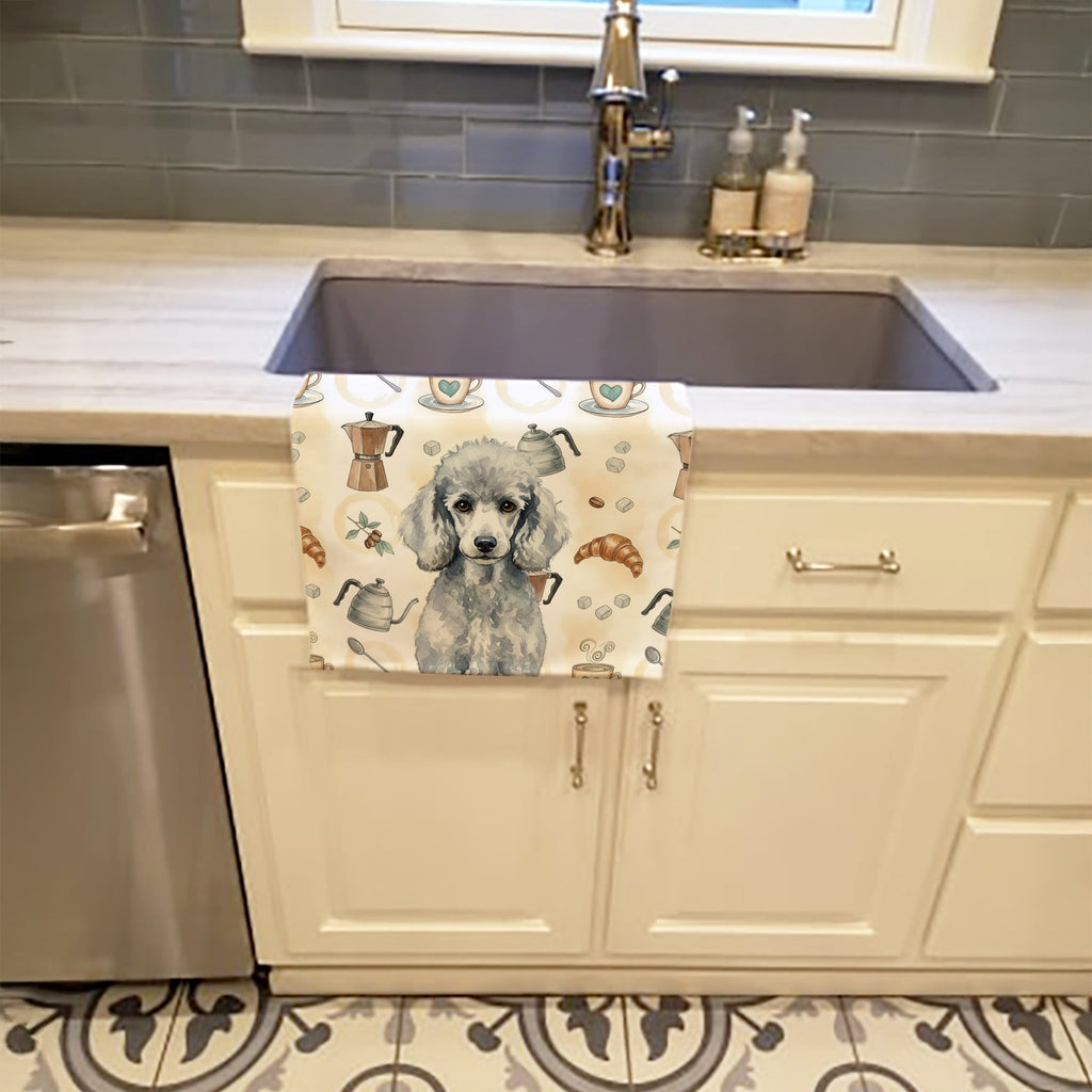 Standard Silver Poodle Coffee Bar Kitchen Towel Velour Plush Front and Cotton Loop Back Machine Washable