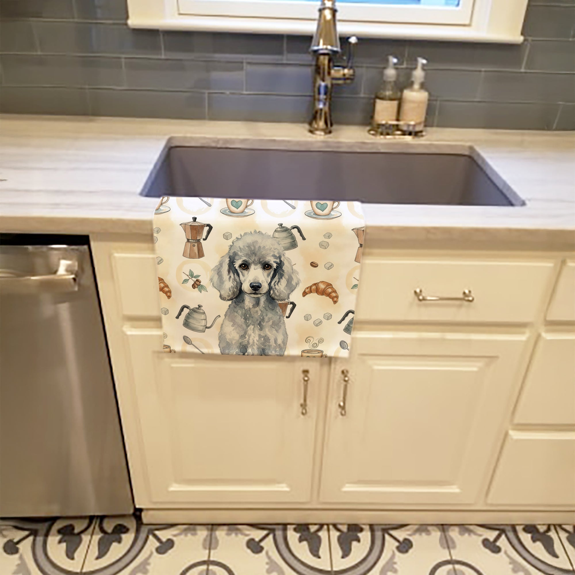 Standard Silver Poodle Coffee Bar Kitchen Towel Velour Plush Front and Cotton Loop Back Machine Washable