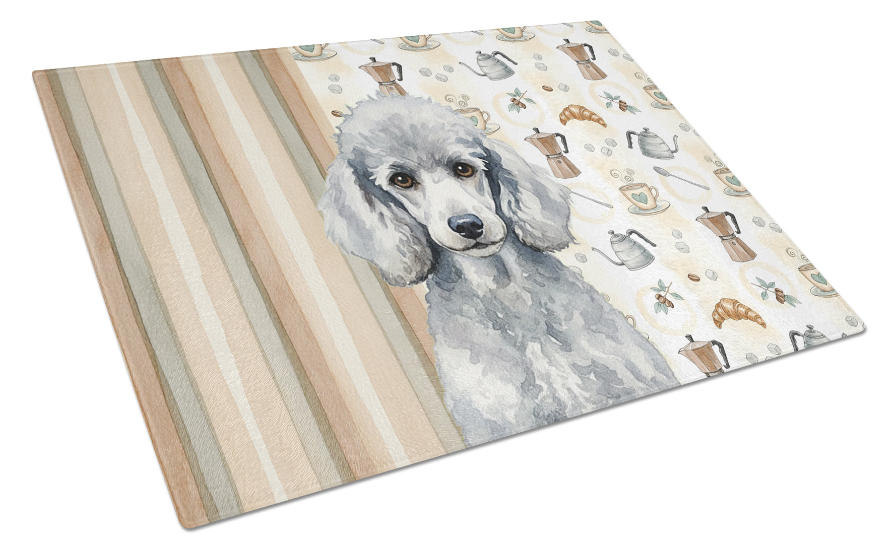Standard Silver Poodle Coffee Bar Cutting Board Tempered Glass Kitchen Cutting Surface, Heat Resistant Chopping, Non-Slip Feet, Food Prep & Serving