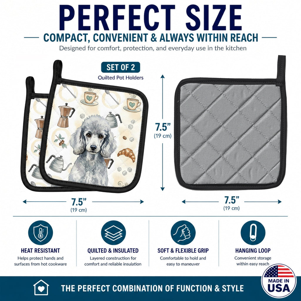 Standard Silver Poodle Coffee Bar Pot Holder Set of 2 Heat Resistant Quilted Hot Pads 7.5 x 7.5 Inch, Insulated Kitchen Trivets for Cooking & Baking