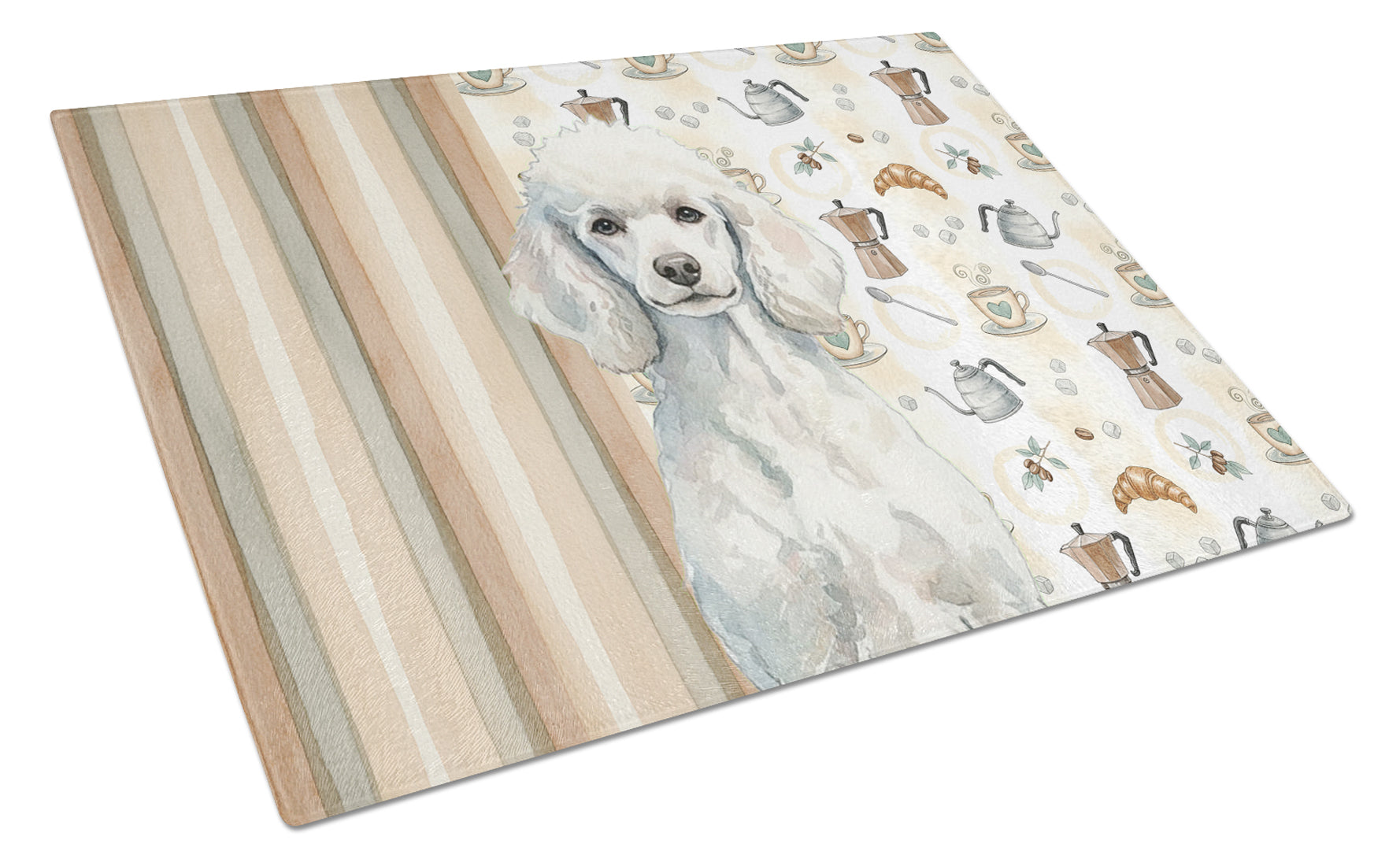Standard White Poodle Coffee Bar Cutting Board Tempered Glass Kitchen Cutting Surface, Heat Resistant Chopping, Non-Slip Feet, Food Prep & Serving