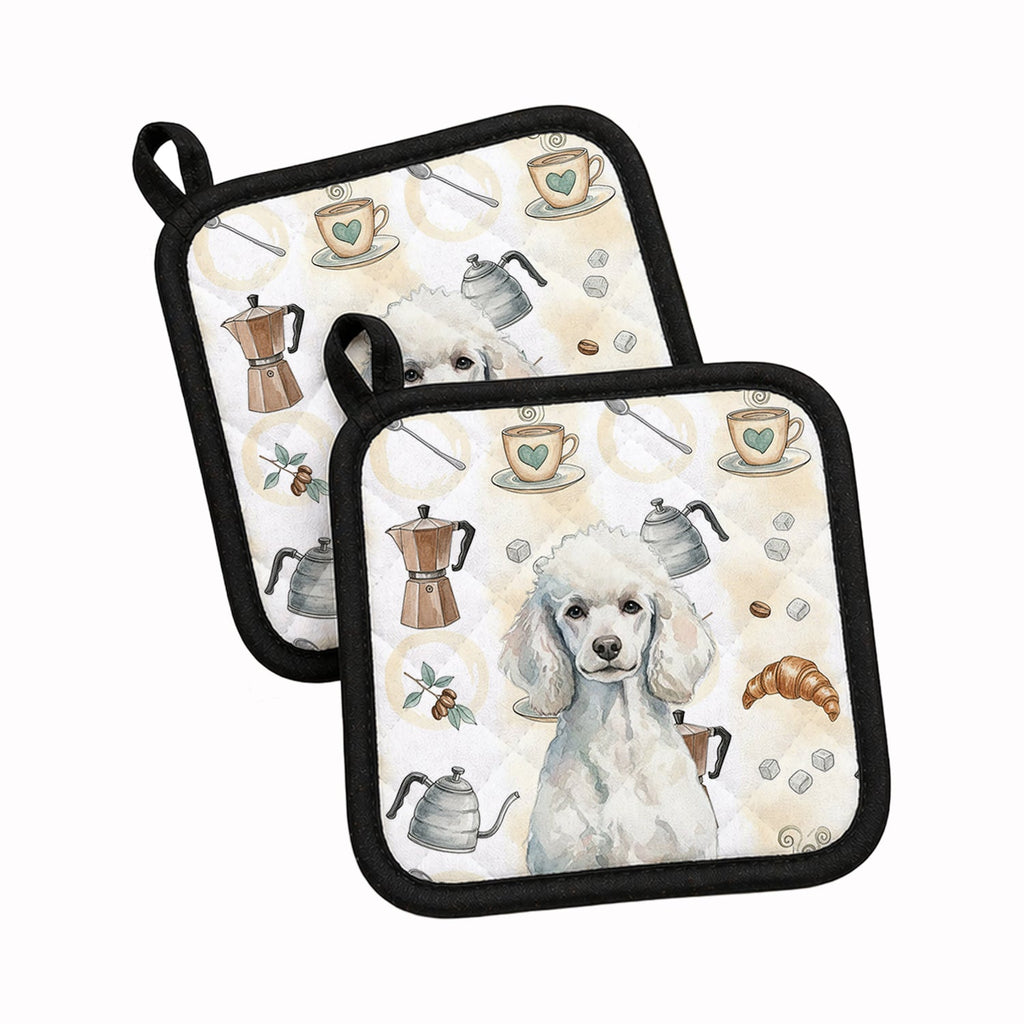 Standard White Poodle Coffee Bar Pot Holder Set of 2 Heat Resistant Quilted Hot Pads 7.5 x 7.5 Inch, Insulated Kitchen Trivets for Cooking & Baking