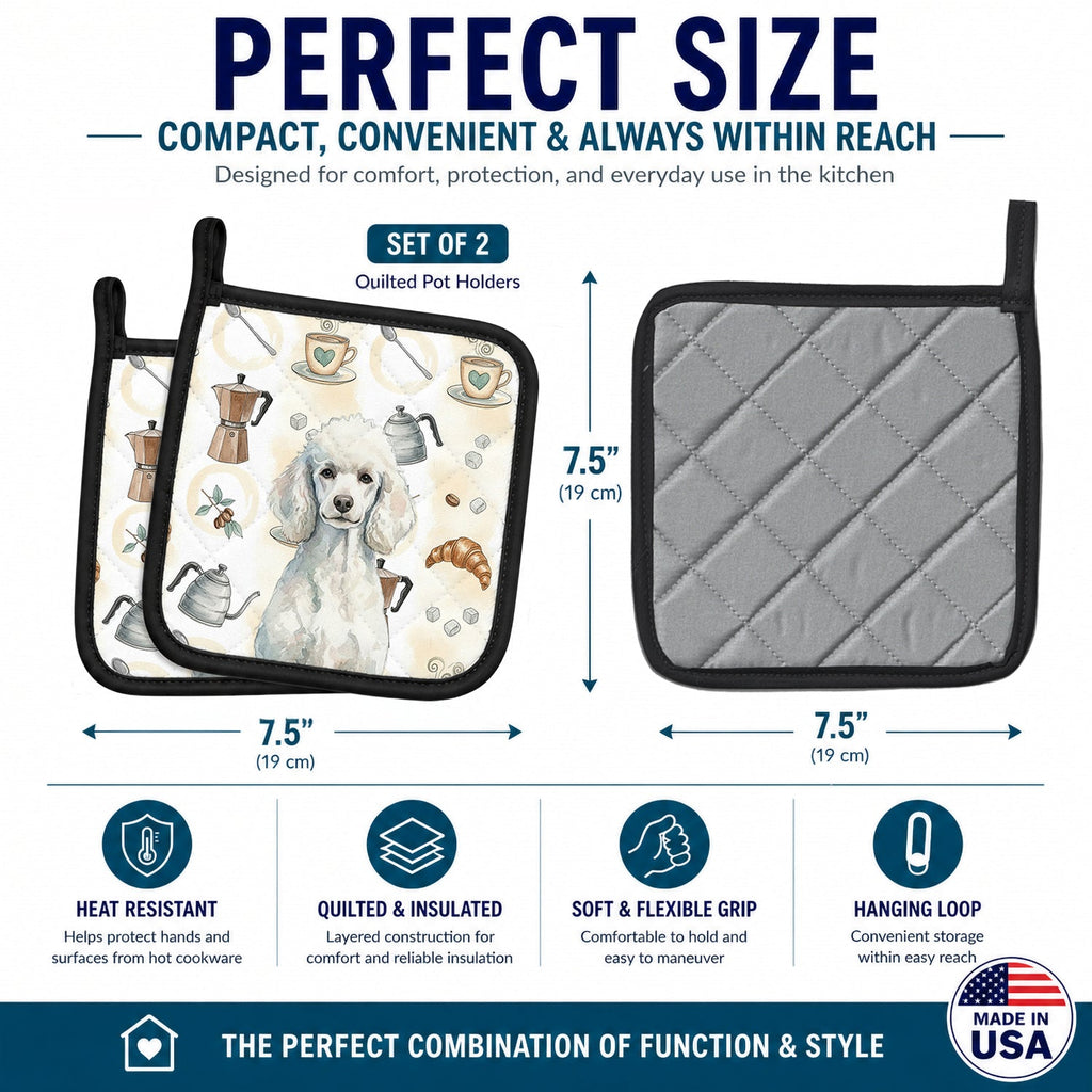 Standard White Poodle Coffee Bar Pot Holder Set of 2 Heat Resistant Quilted Hot Pads 7.5 x 7.5 Inch, Insulated Kitchen Trivets for Cooking & Baking