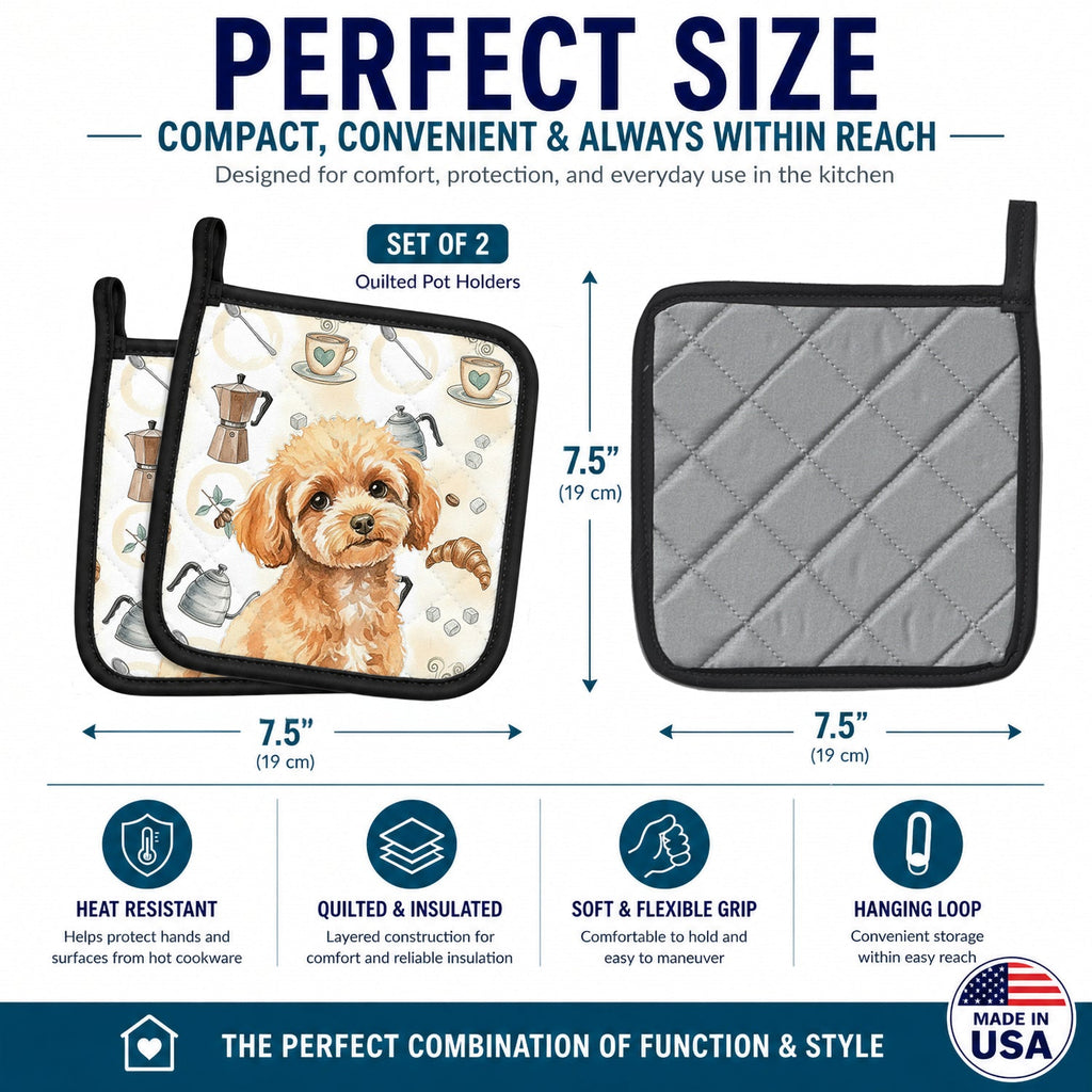 Toy Apricot Poodle Coffee Bar Pot Holder Set of 2 Heat Resistant Quilted Hot Pads 7.5 x 7.5 Inch, Insulated Kitchen Trivets for Cooking & Baking