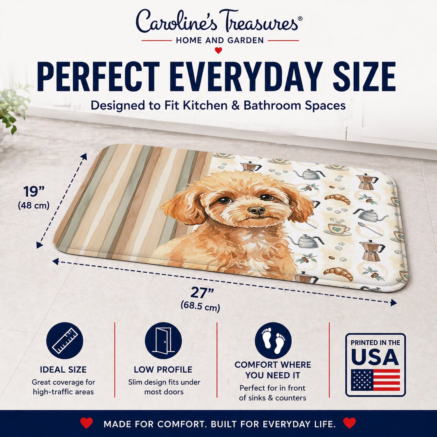 Toy Apricot Poodle Coffee Bar Memory Foam Kitchen Mat Machine Washable Anti-Fatigue Cushion Comfort Bath or Kitchen Rug