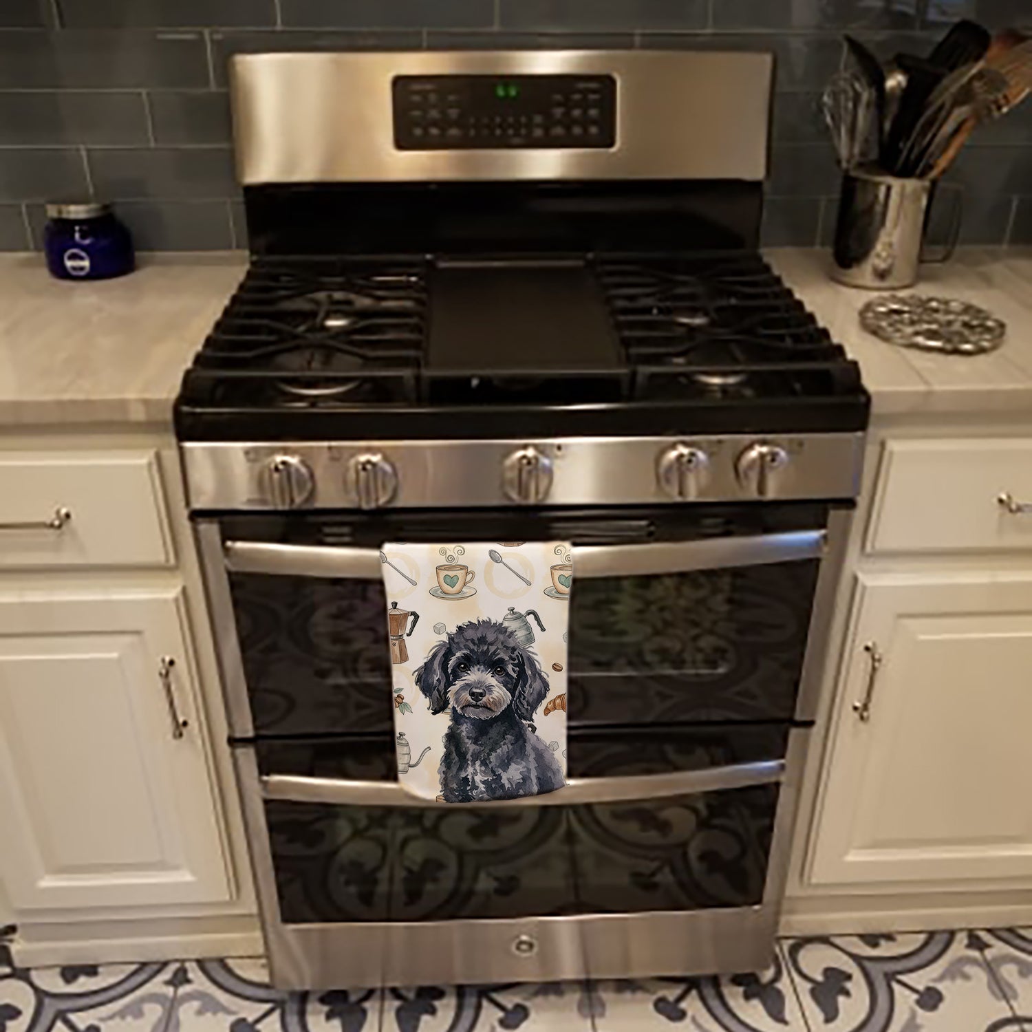 Toy Black Poodle Coffee Bar Kitchen Towel Velour Plush Front and Cotton Loop Back Machine Washable