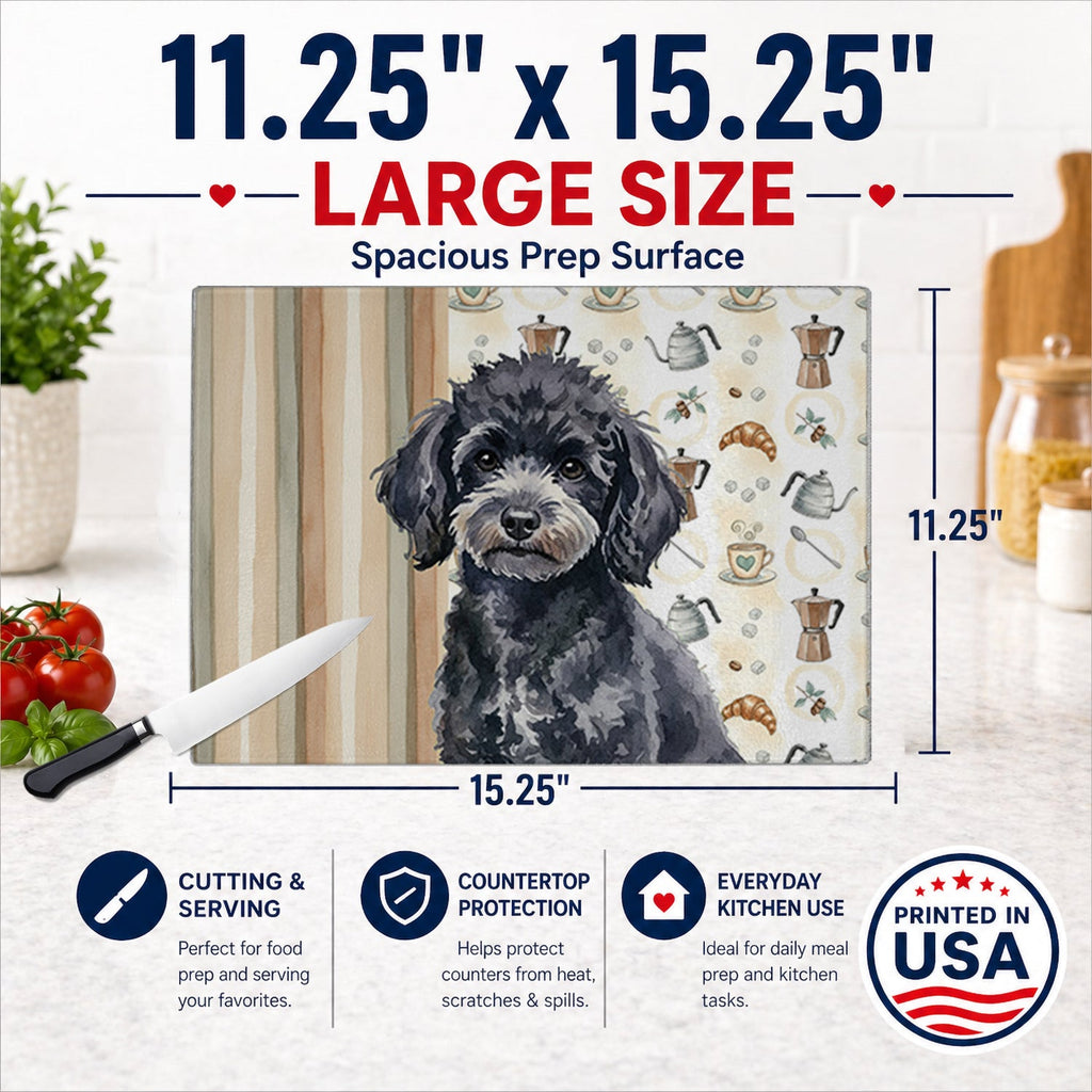 Toy Black Poodle Coffee Bar Cutting Board Tempered Glass Kitchen Cutting Surface, Heat Resistant Chopping, Non-Slip Feet, Food Prep & Serving