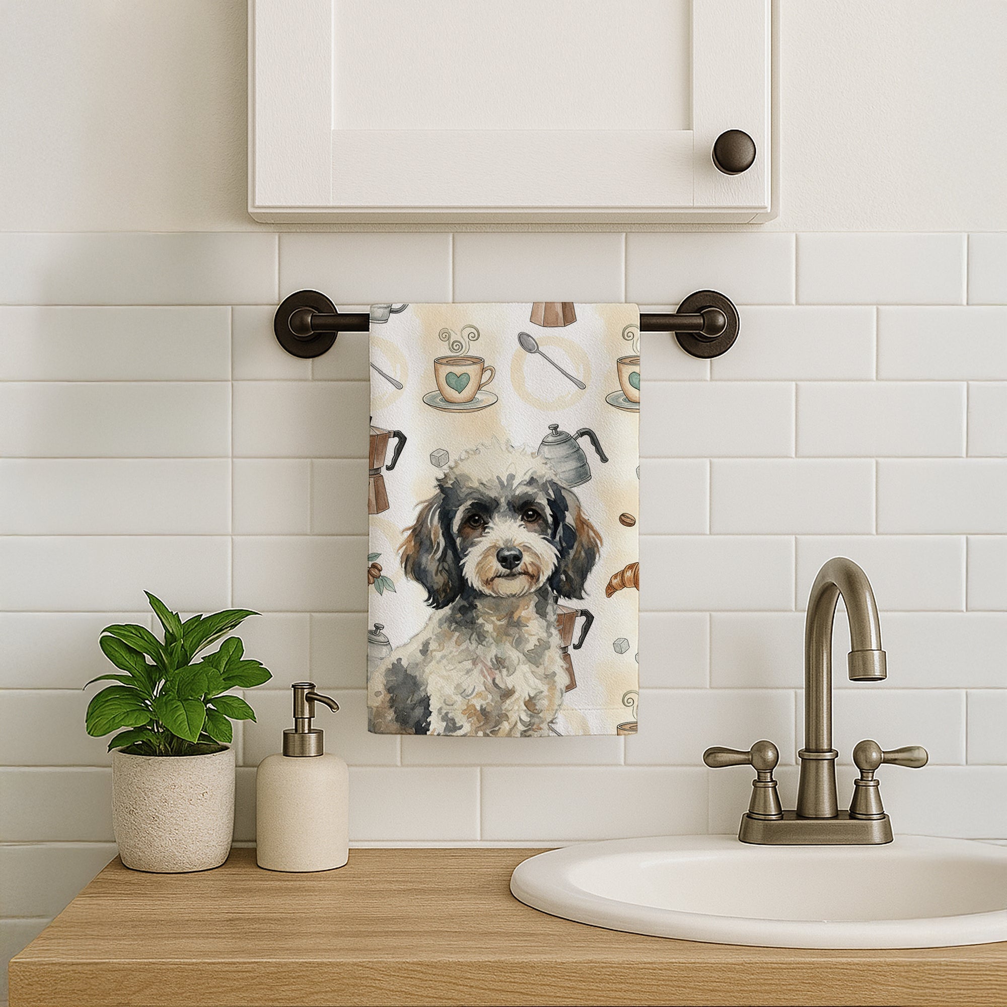 Toy Parti Poodle Coffee Bar Kitchen Towel Velour Plush Front and Cotton Loop Back Machine Washable