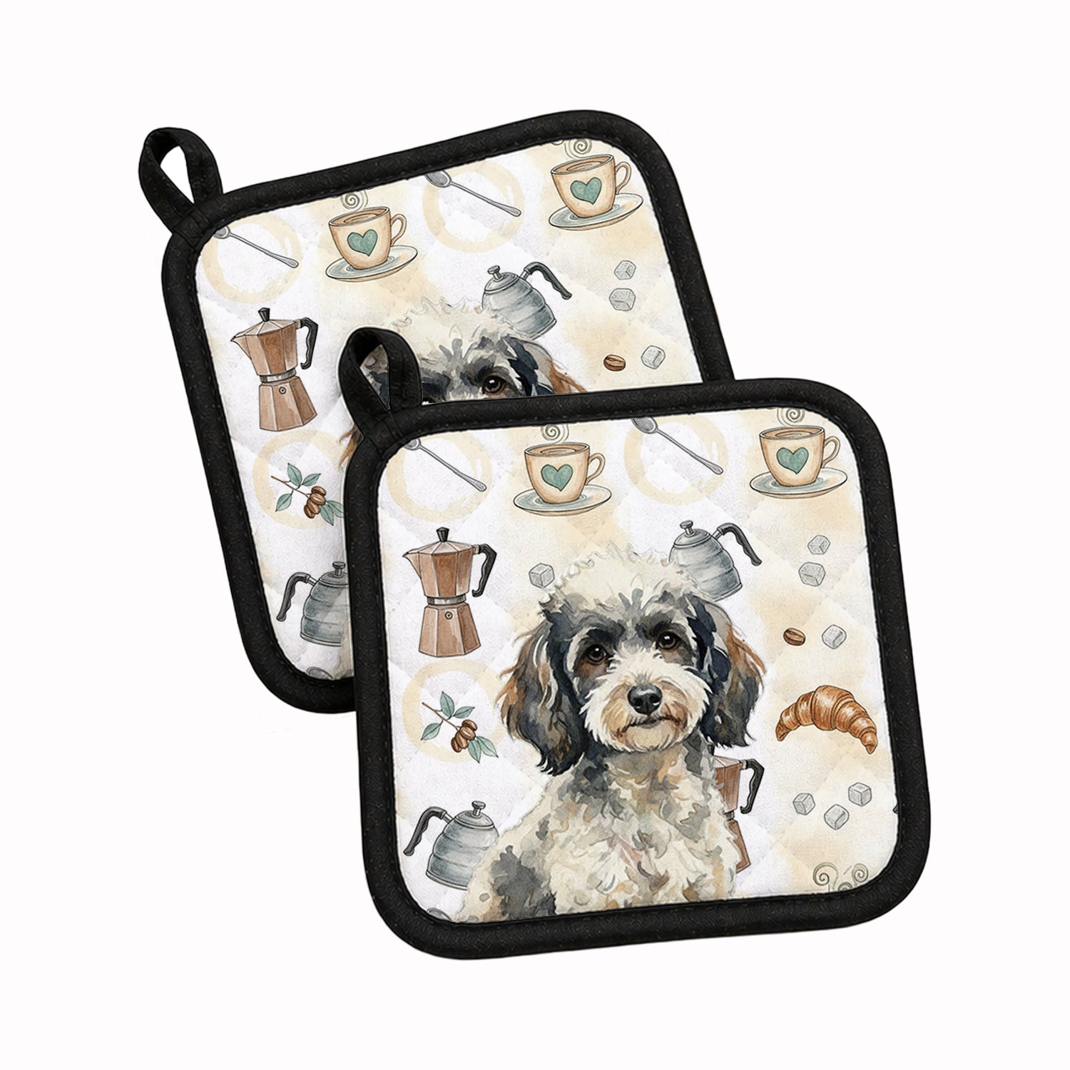 Toy Parti Poodle Coffee Bar Pot Holder Set of 2 Heat Resistant Quilted Hot Pads 7.5 x 7.5 Inch, Insulated Kitchen Trivets for Cooking & Baking