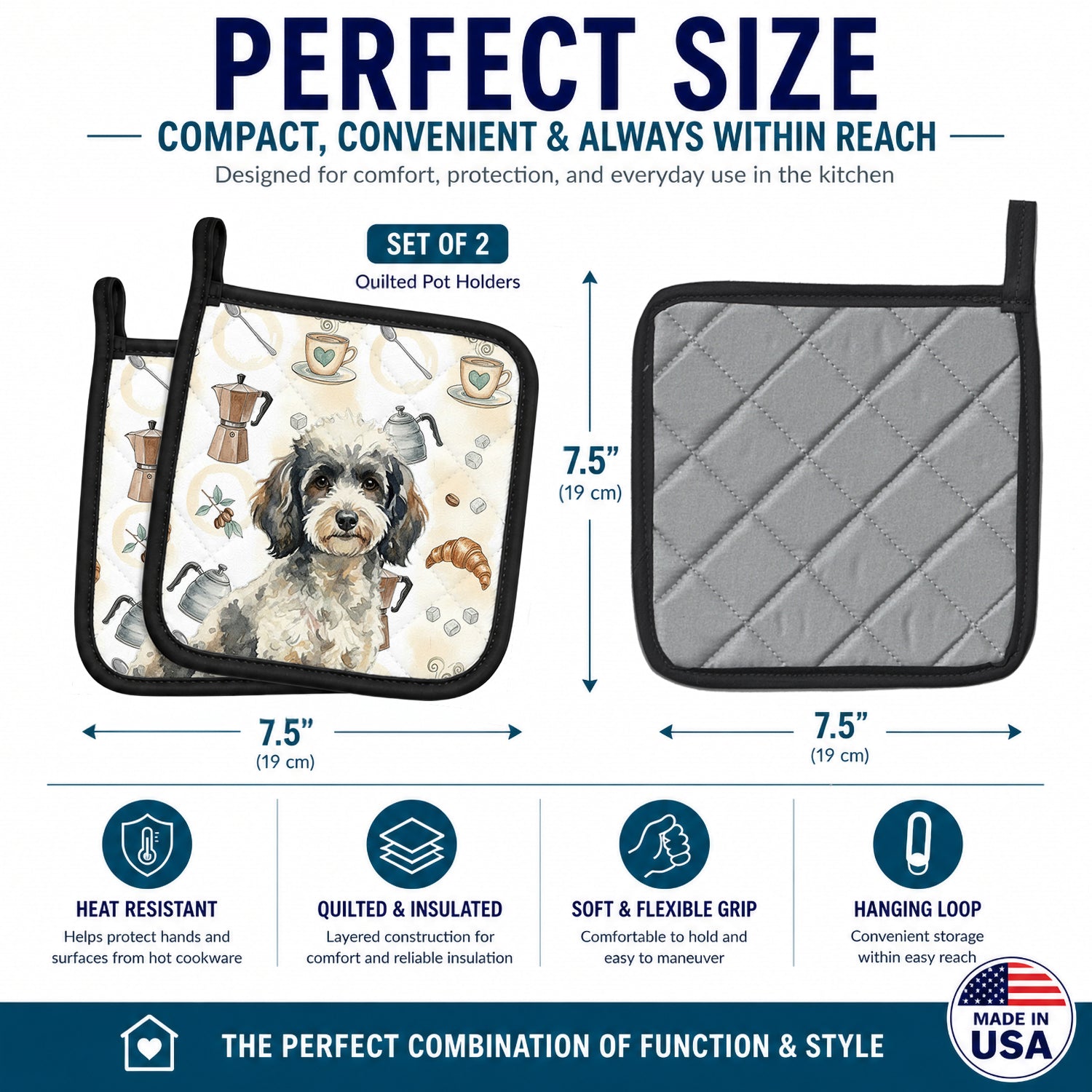Toy Parti Poodle Coffee Bar Pot Holder Set of 2 Heat Resistant Quilted Hot Pads 7.5 x 7.5 Inch, Insulated Kitchen Trivets for Cooking & Baking
