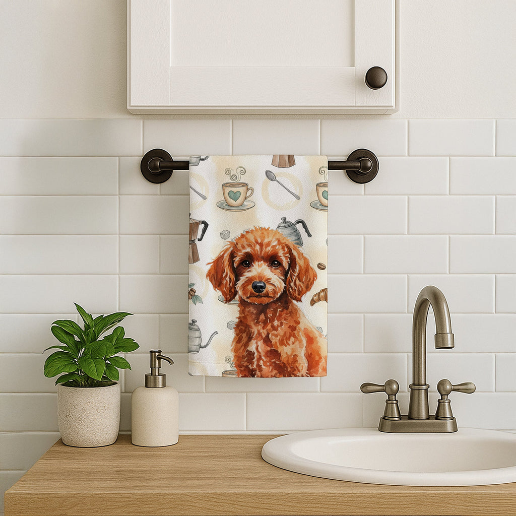 Toy Red Poodle Coffee Bar Kitchen Towel Velour Plush Front and Cotton Loop Back Machine Washable