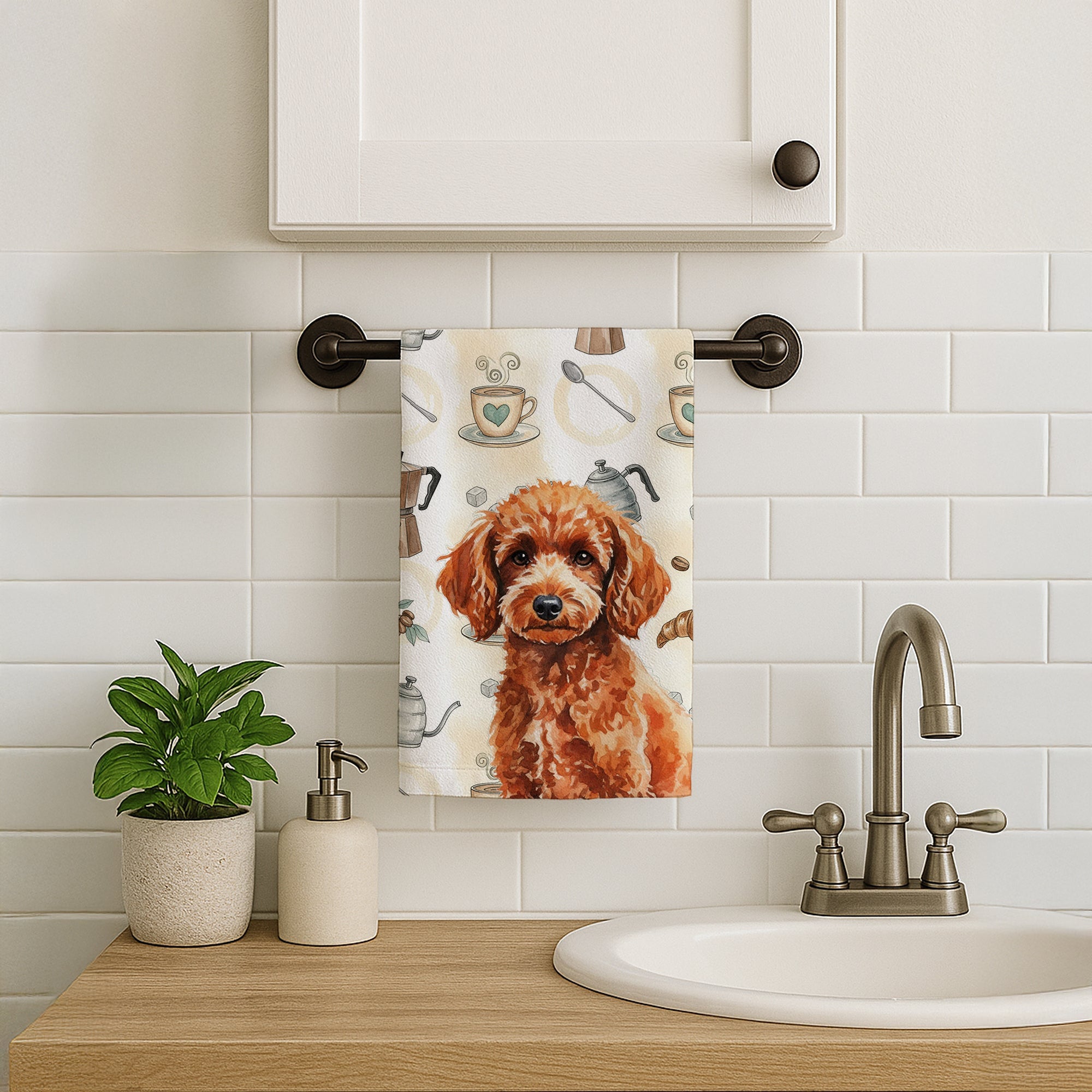 Toy Red Poodle Coffee Bar Kitchen Towel Velour Plush Front and Cotton Loop Back Machine Washable