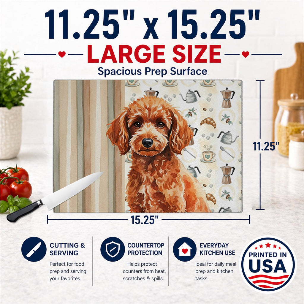 Toy Red Poodle Coffee Bar Cutting Board Tempered Glass Kitchen Cutting Surface, Heat Resistant Chopping, Non-Slip Feet, Food Prep & Serving