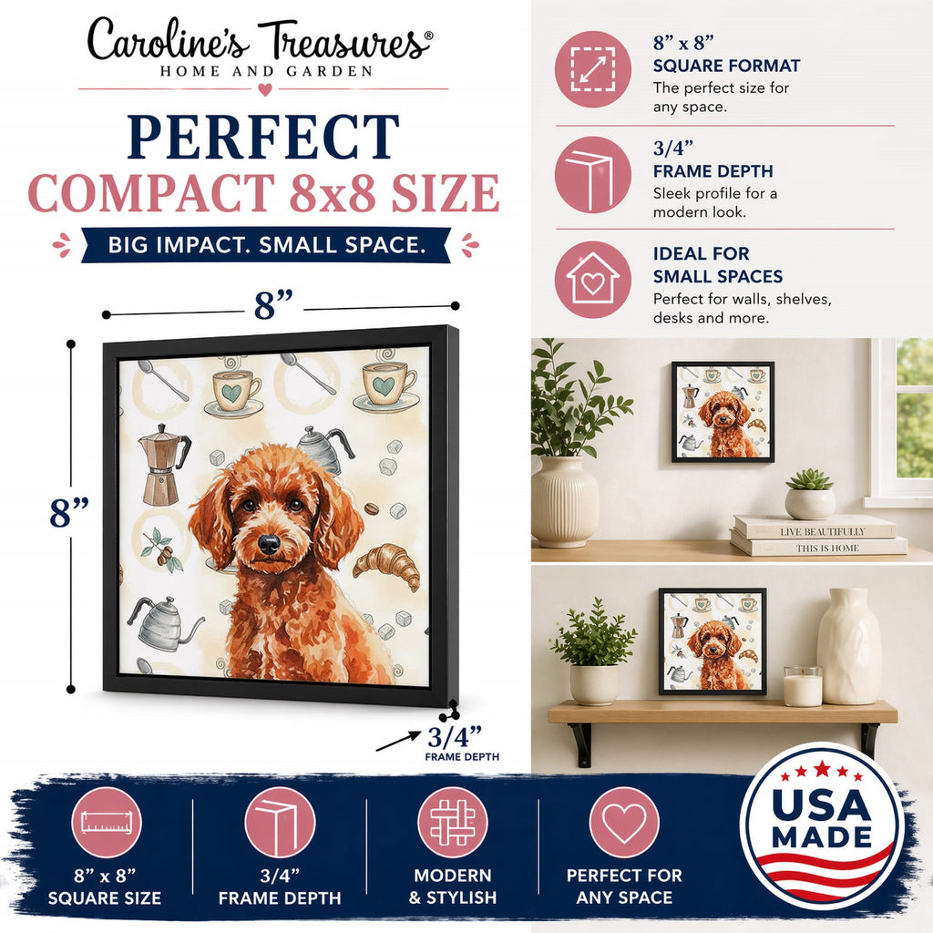 Toy Red Poodle Coffee Bar Framed Metal Print Bathroom, Kitchen, Office, Home Decor Wall Art Ready to Hang, Square, 8X8