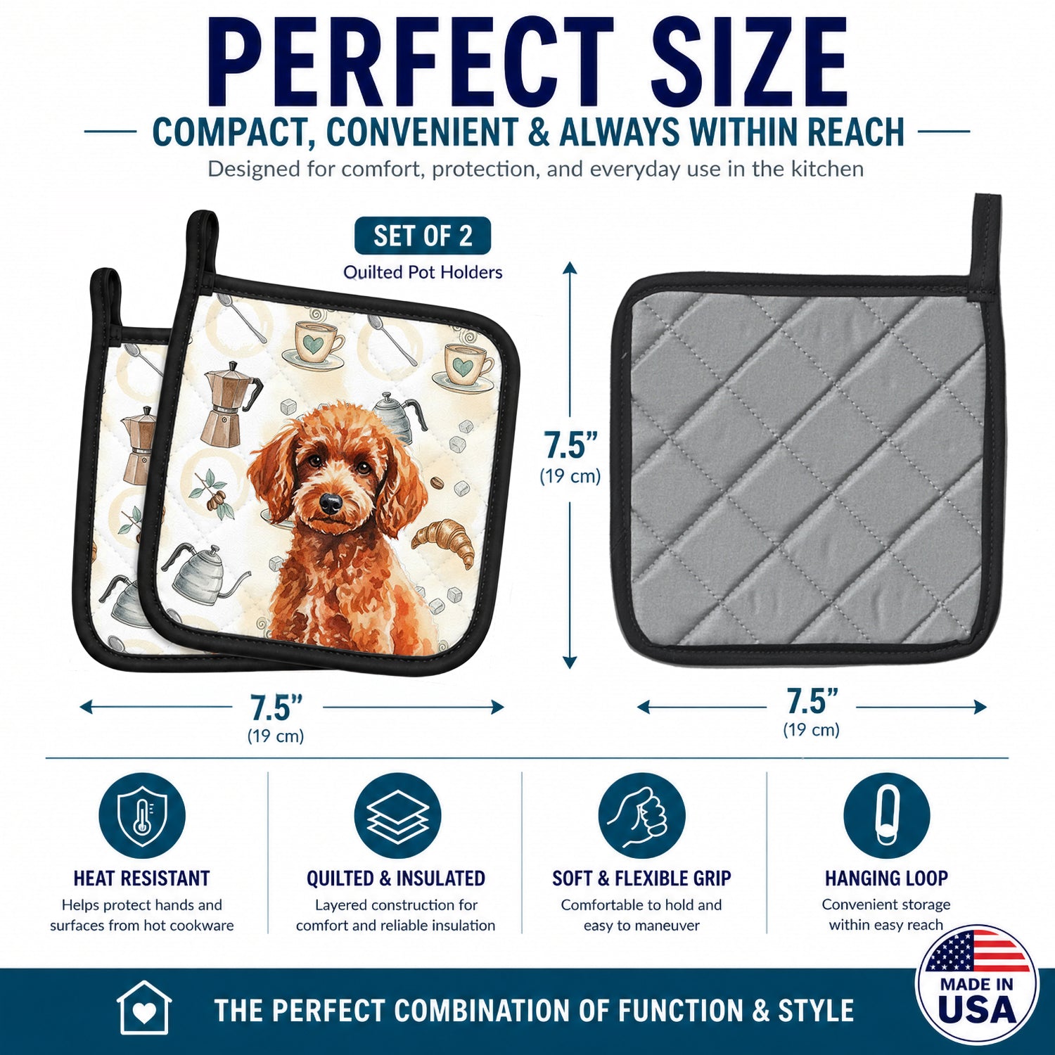 Toy Red Poodle Coffee Bar Pot Holder Set of 2 Heat Resistant Quilted Hot Pads 7.5 x 7.5 Inch, Insulated Kitchen Trivets for Cooking & Baking