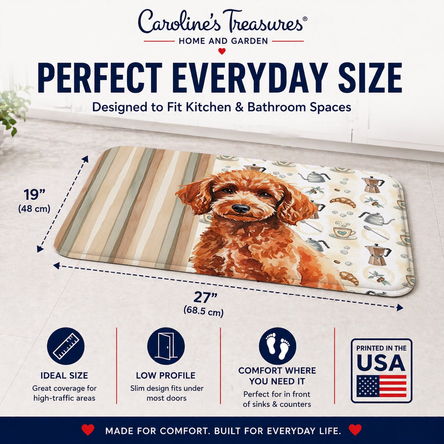Toy Red Poodle Coffee Bar Memory Foam Kitchen Mat Machine Washable Anti-Fatigue Cushion Comfort Bath or Kitchen Rug