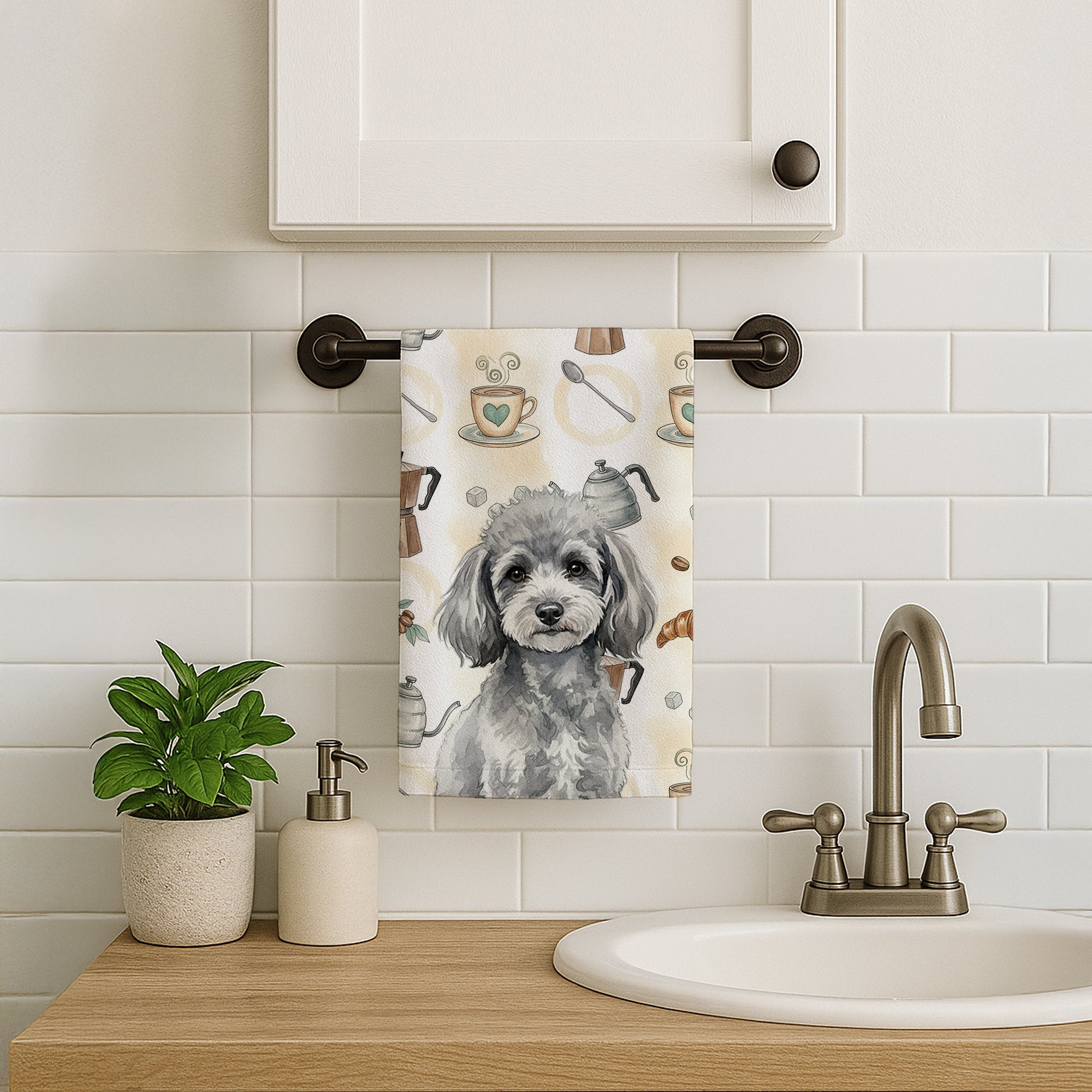 Toy Silver Poodle Coffee Bar Kitchen Towel Velour Plush Front and Cotton Loop Back Machine Washable