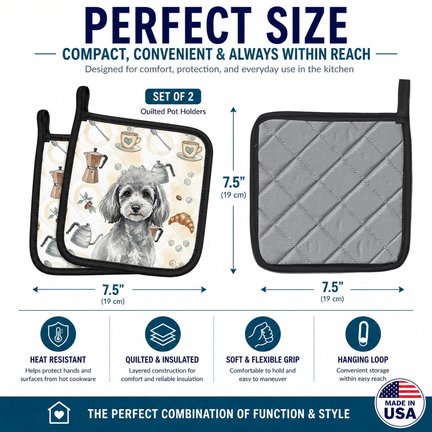 Toy Silver Poodle Coffee Bar Pot Holder Set of 2 Heat Resistant Quilted Hot Pads 7.5 x 7.5 Inch, Insulated Kitchen Trivets for Cooking & Baking