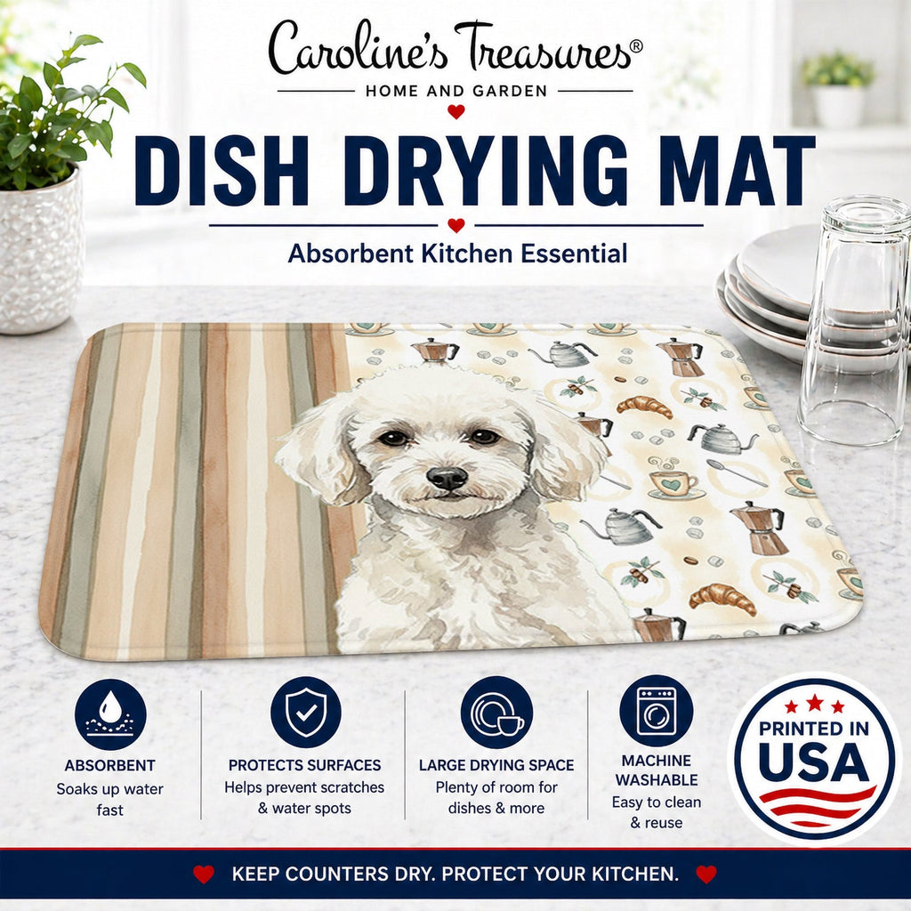Toy White Poodle Coffee Bar Dish Drying Mat Absorbent Dish Drying Mat Pad for Kitchen Counter Dish Drainer Mat for Countertop, 14 x 21", Multicolor