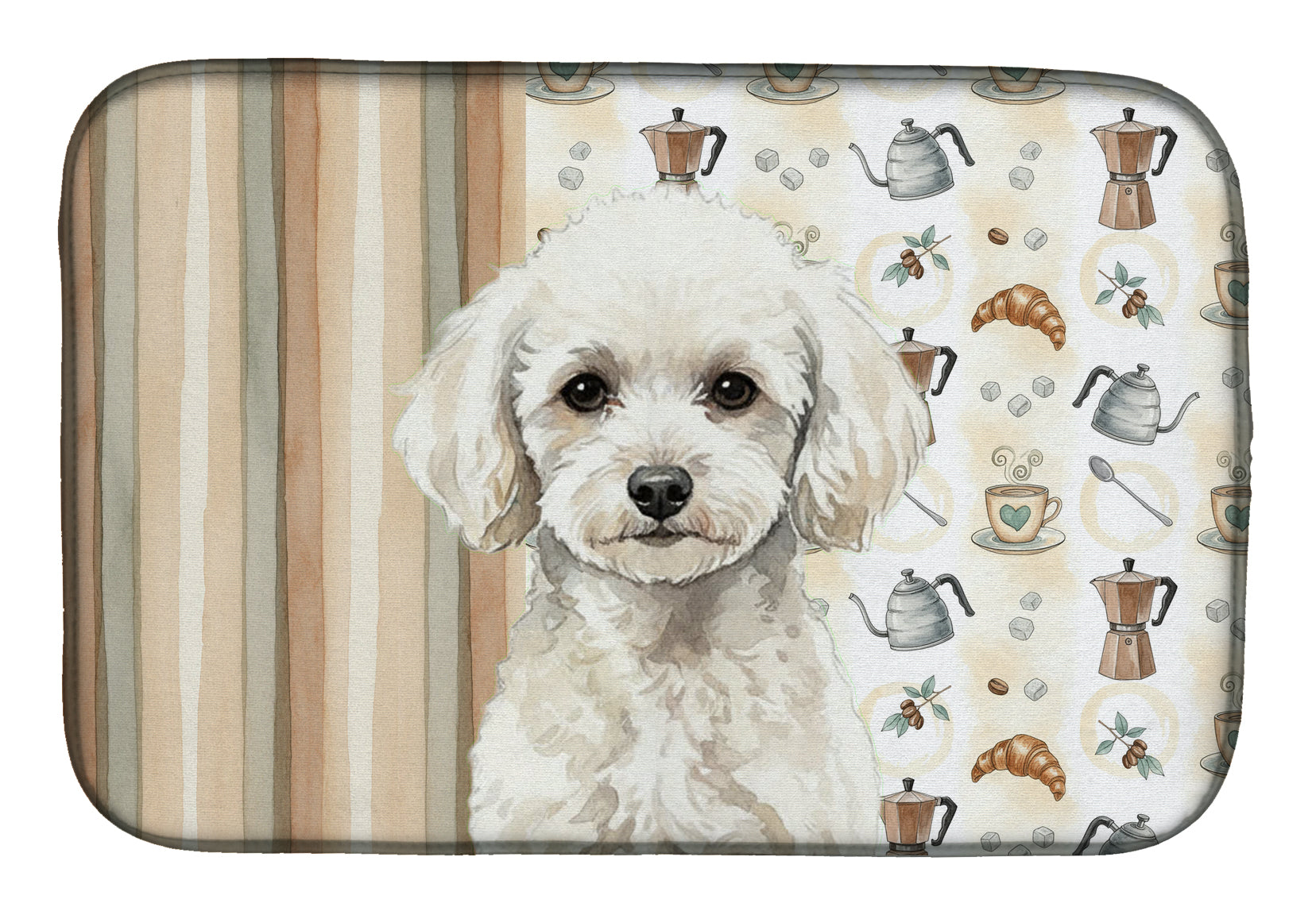 Toy White Poodle Coffee Bar Dish Drying Mat Absorbent Dish Drying Mat Pad for Kitchen Counter Dish Drainer Mat for Countertop, 14 x 21", Multicolor