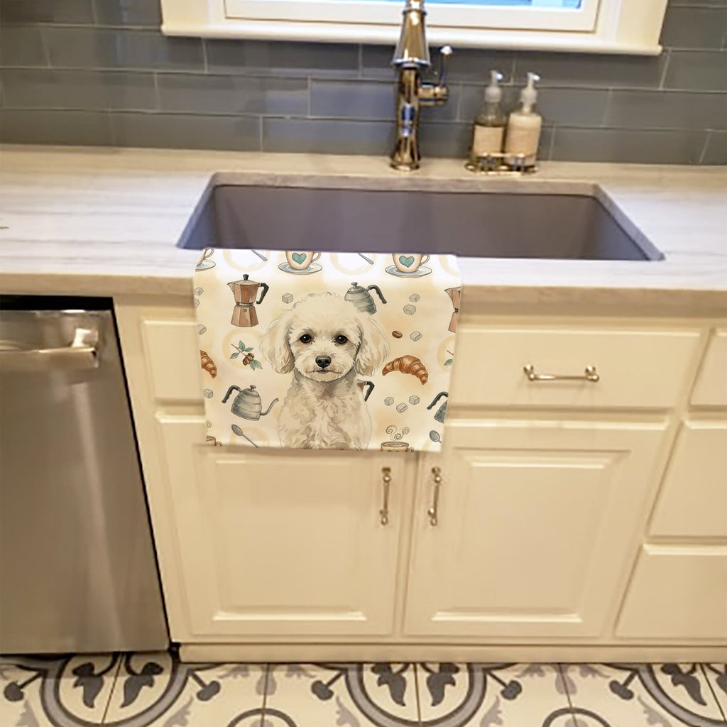 Toy White Poodle Coffee Bar Kitchen Towel Velour Plush Front and Cotton Loop Back Machine Washable