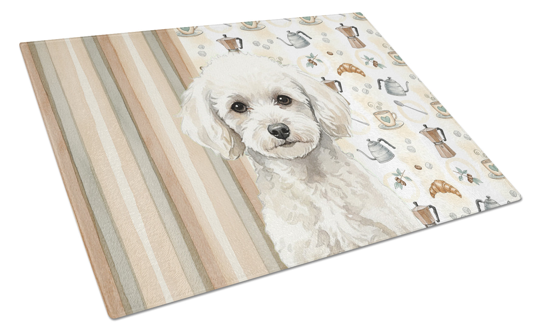 Toy White Poodle Coffee Bar Cutting Board Tempered Glass Kitchen Cutting Surface, Heat Resistant Chopping, Non-Slip Feet, Food Prep & Serving
