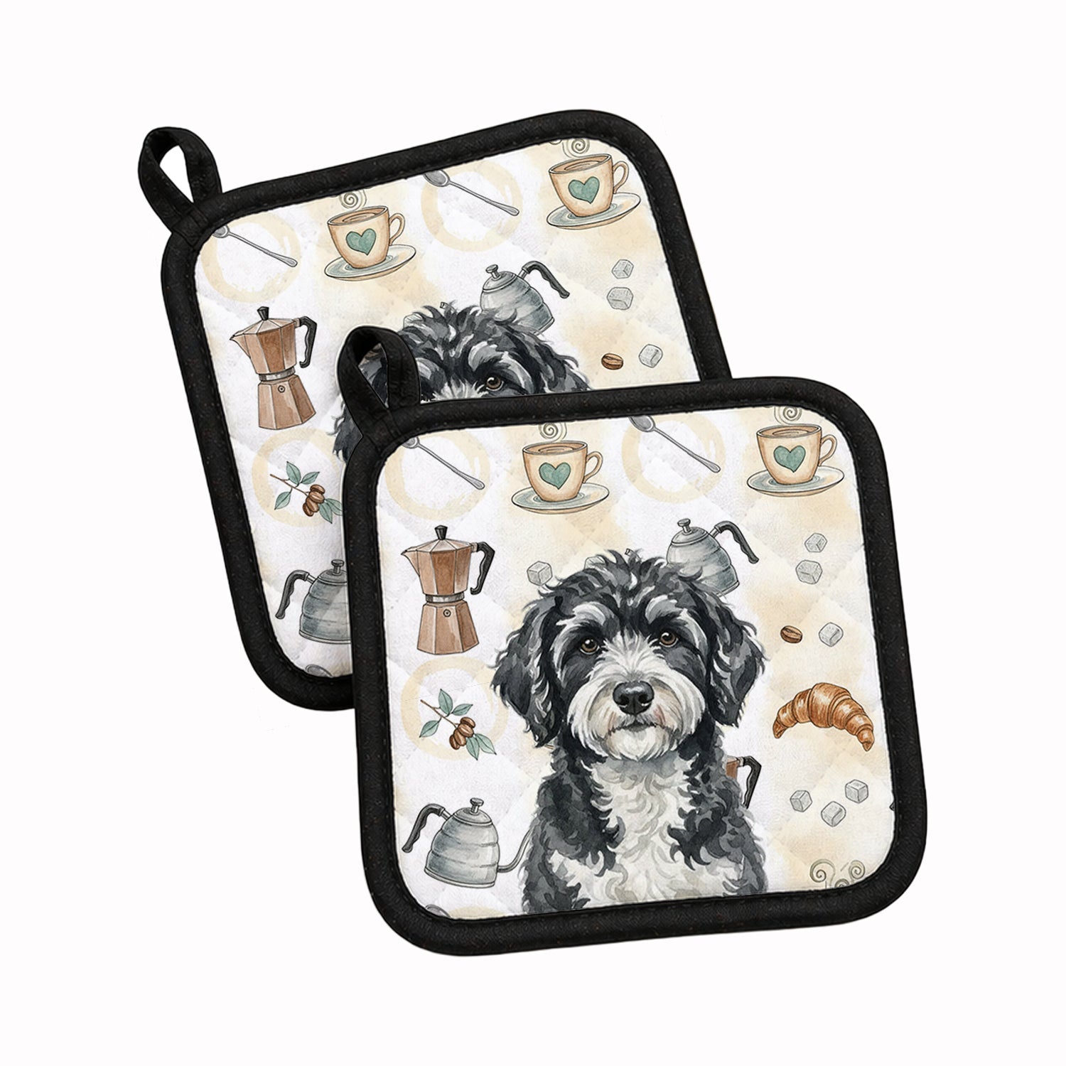 Portuguese Water Dog Coffee Bar Pot Holder Set of 2 Heat Resistant Quilted Hot Pads 7.5 x 7.5 Inch, Insulated Kitchen Trivets for Cooking & Baking