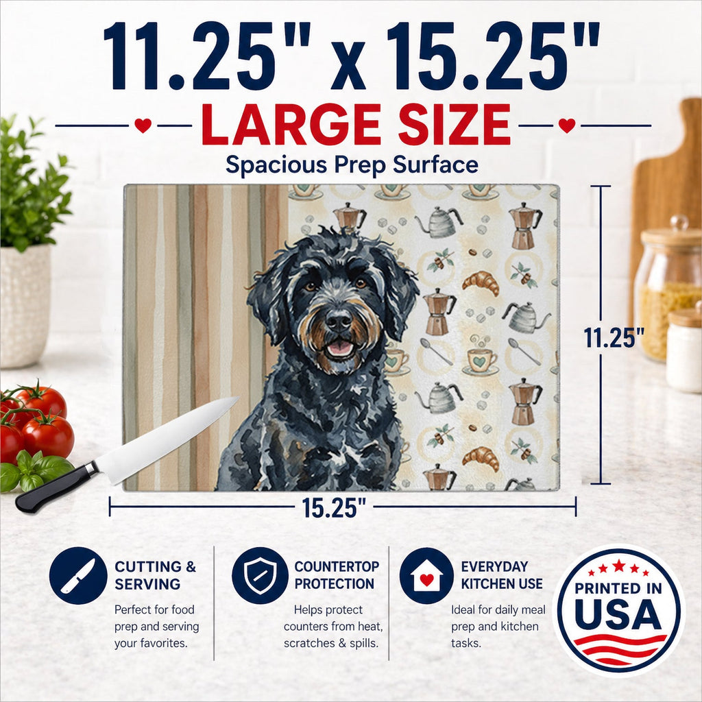 Black Portuguese Water Dog Coffee Bar Cutting Board Tempered Glass Kitchen Cutting Surface, Heat Resistant Chopping, Non-Slip Feet, Food Prep & Serving