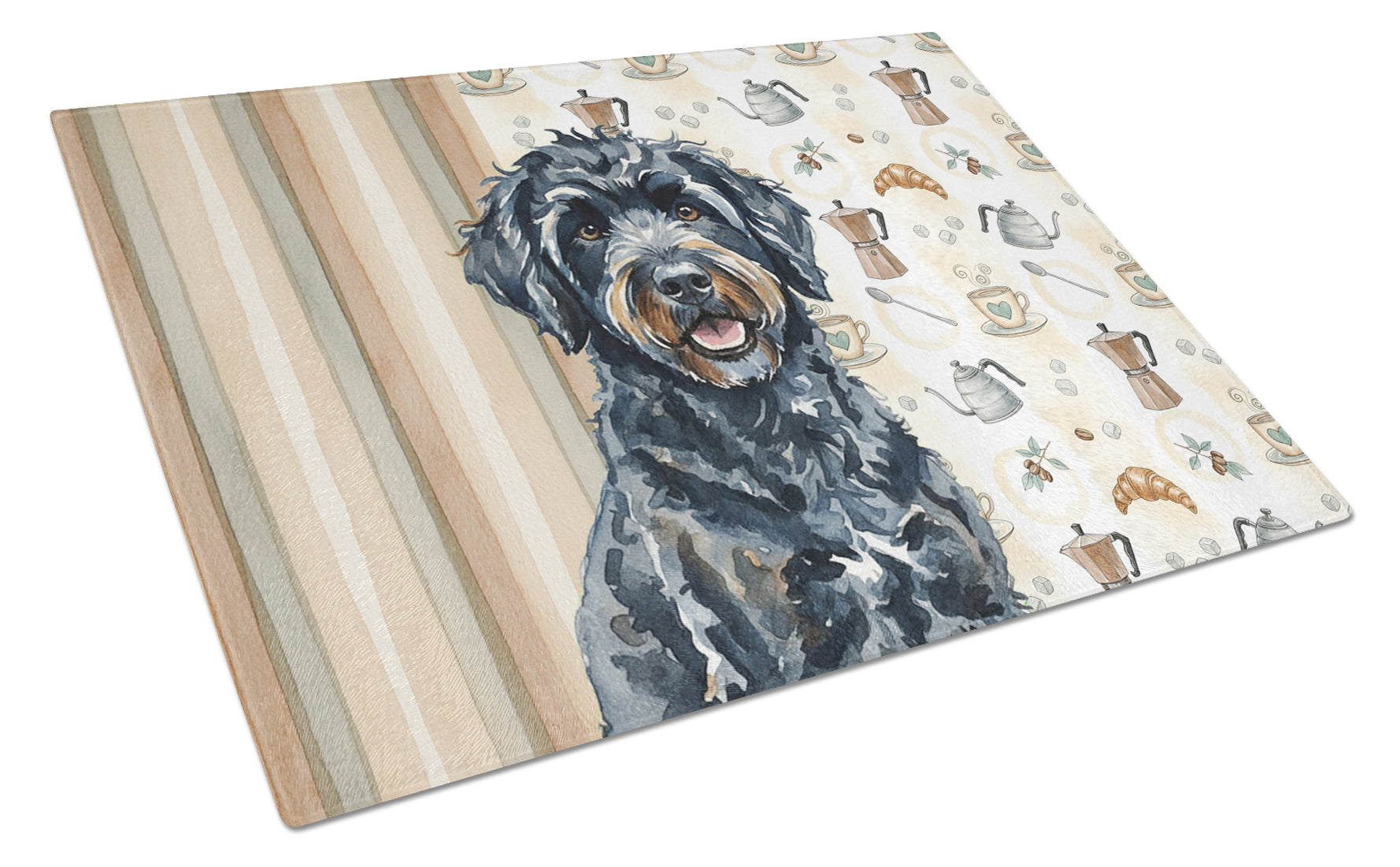 Black Portuguese Water Dog Coffee Bar Cutting Board Tempered Glass Kitchen Cutting Surface, Heat Resistant Chopping, Non-Slip Feet, Food Prep & Serving