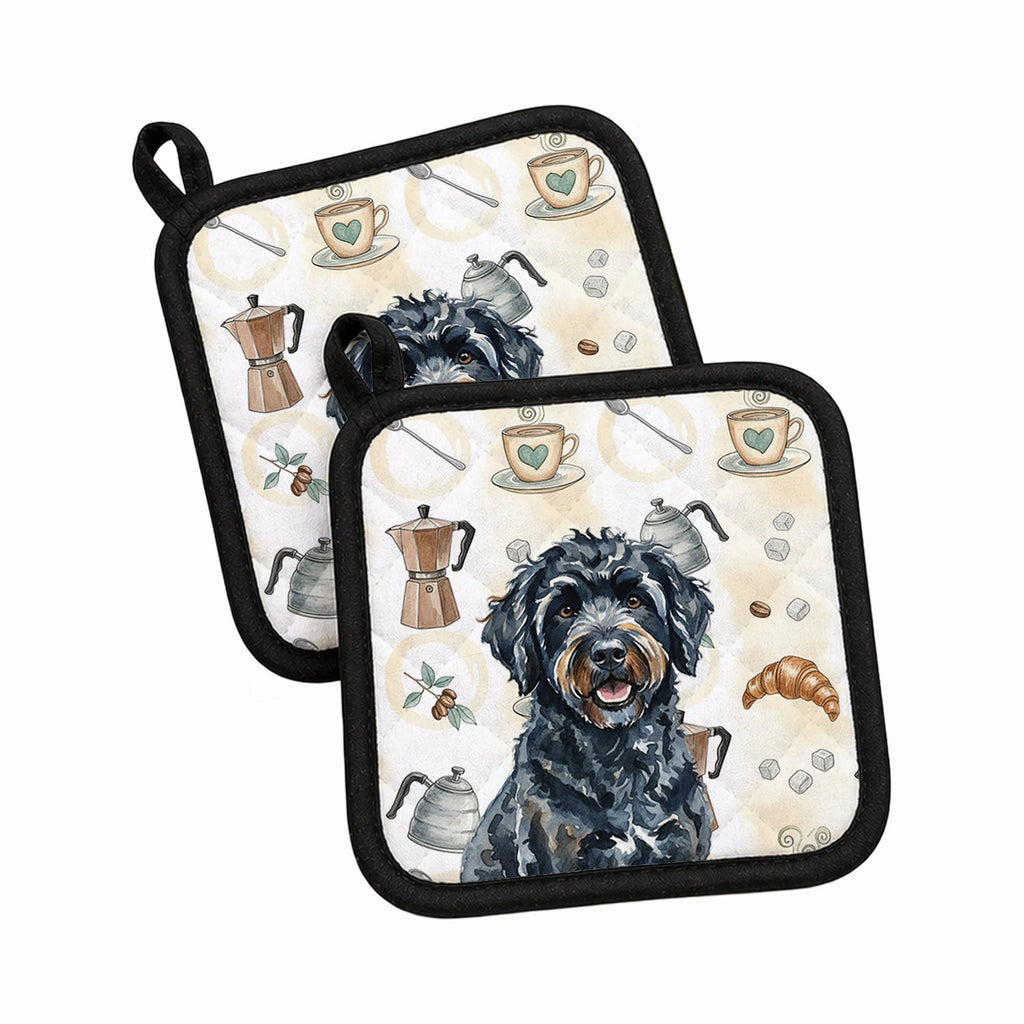 Black Portuguese Water Dog Coffee Bar Pot Holder Set of 2 Heat Resistant Quilted Hot Pads 7.5 x 7.5 Inch, Insulated Kitchen Trivets for Cooking & Baking