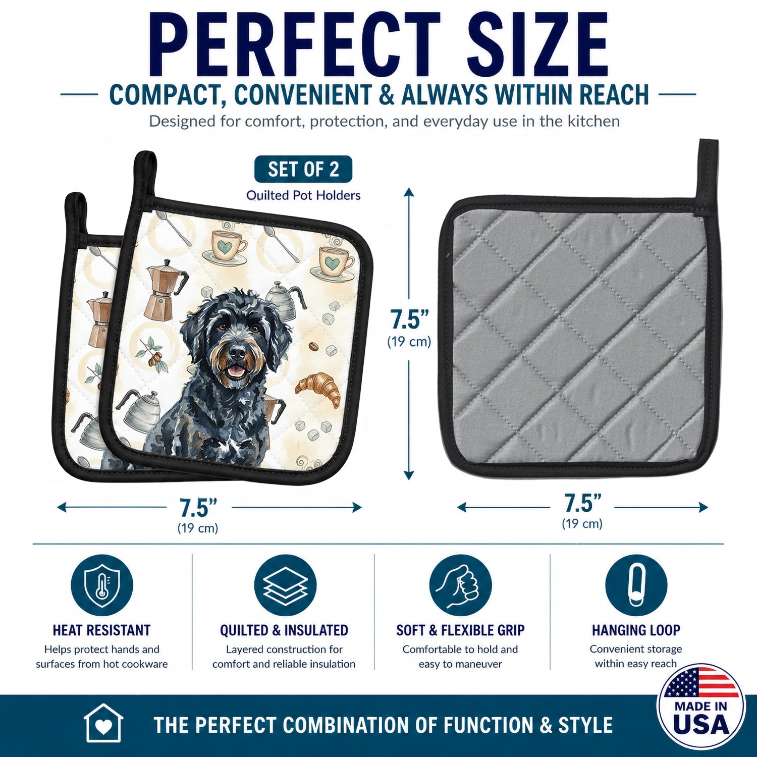 Black Portuguese Water Dog Coffee Bar Pot Holder Set of 2 Heat Resistant Quilted Hot Pads 7.5 x 7.5 Inch, Insulated Kitchen Trivets for Cooking & Baking