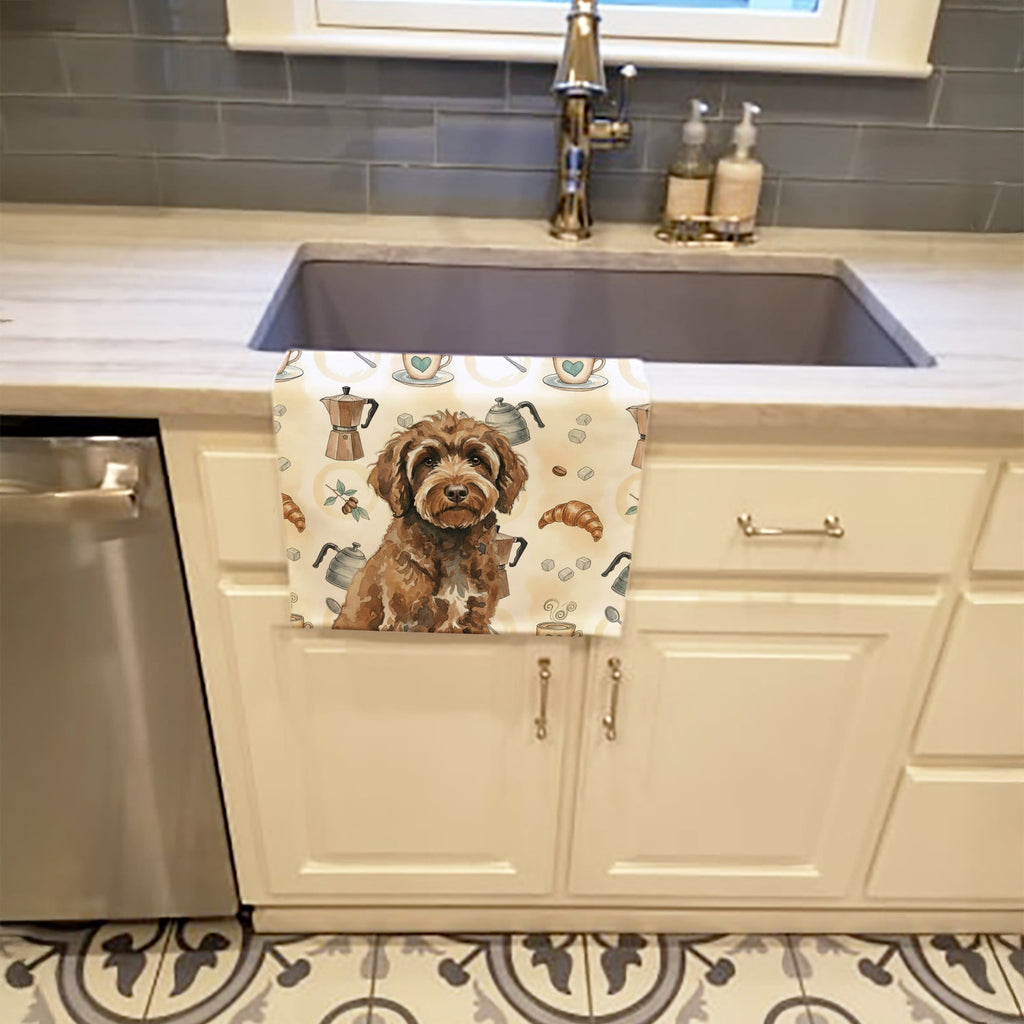 Brown Portuguese Water Dog Coffee Bar Kitchen Towel Velour Plush Front and Cotton Loop Back Machine Washable