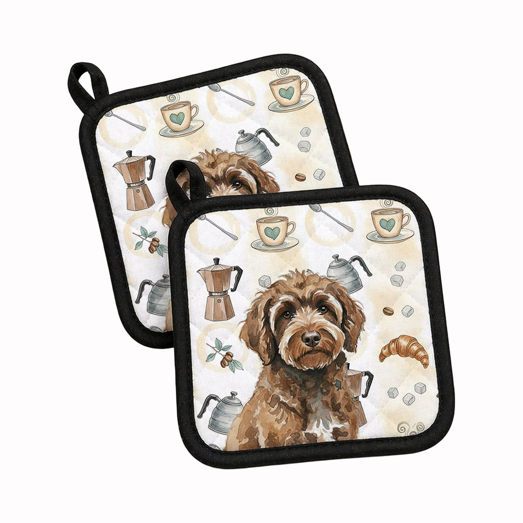 Brown Portuguese Water Dog Coffee Bar Pot Holder Set of 2 Heat Resistant Quilted Hot Pads 7.5 x 7.5 Inch, Insulated Kitchen Trivets for Cooking & Baking